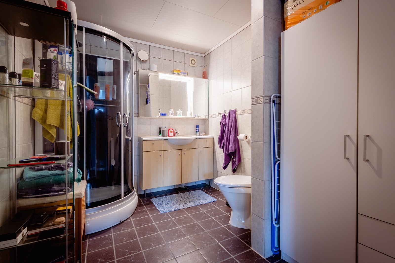 Bad med servant, toalett, dusj og plass til oppbevaring Galleribilde