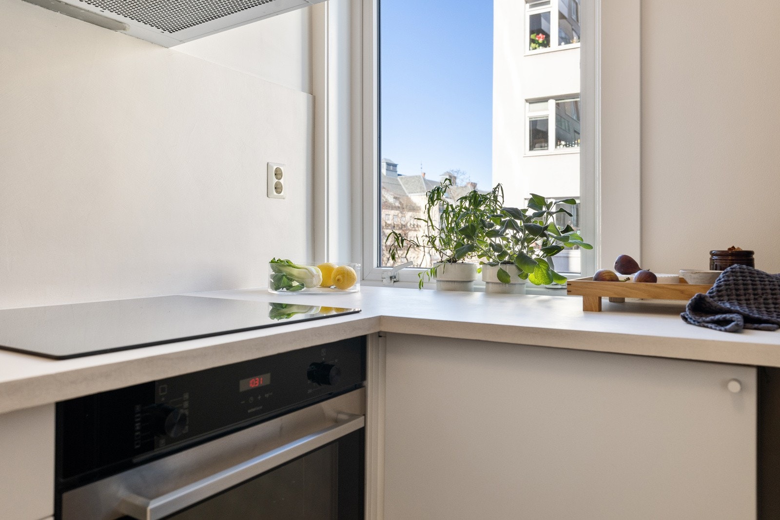 Det er delvis integrerte hvitevarer, inkludert frittstående kjøl/frys, ovn, platetopp, oppvaskmaskin og ventilator. Galleribilde