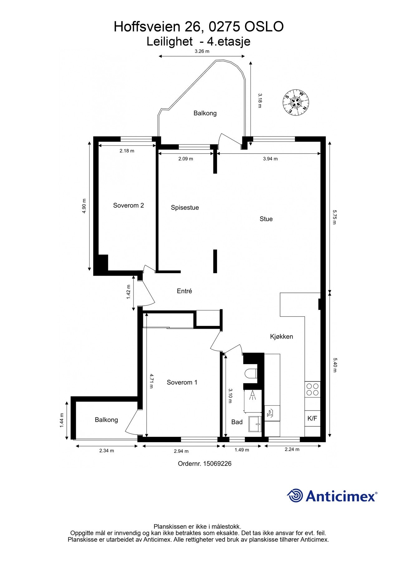 Plantegning. Opprinnelig 4-roms, med soverom der dagens spisestue er. Galleribilde