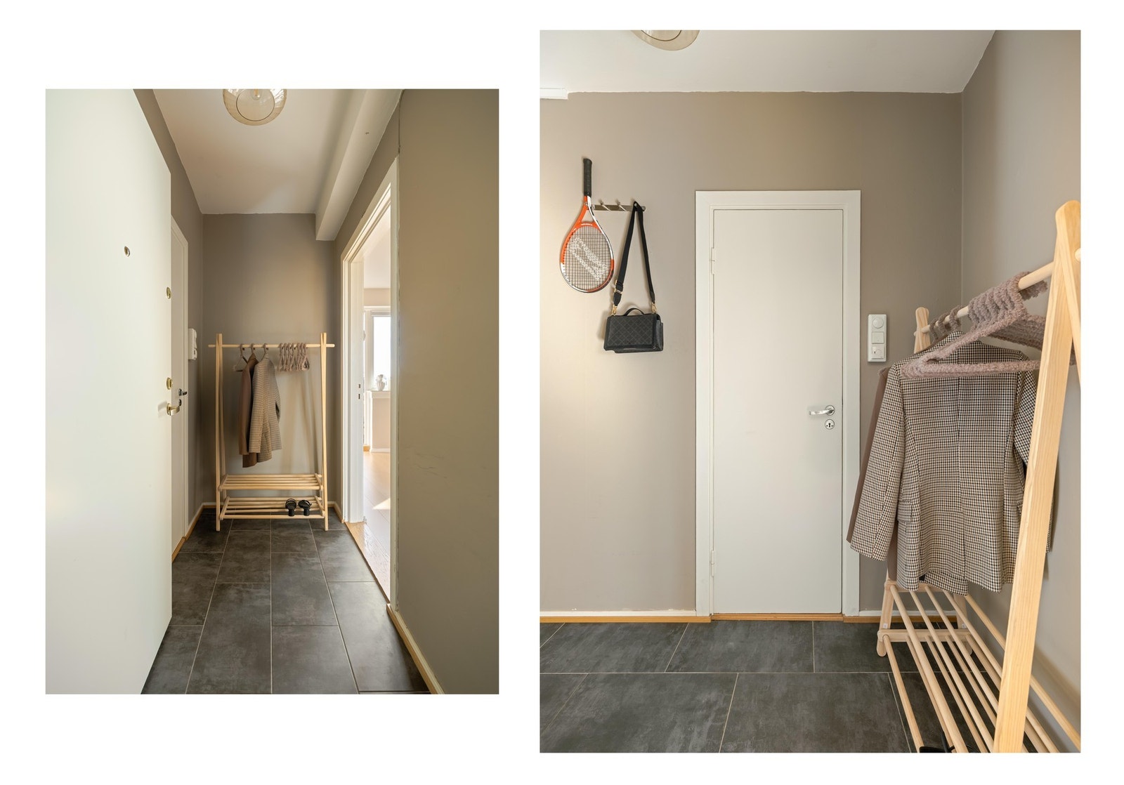 Fin, flislagt entré med plass til å henge av seg yttertøy og sko. Galleribilde