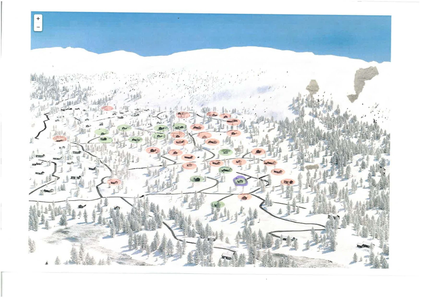 Tomtekart Søtelifjell. Aktuell tomt markert med lilla. Galleribilde