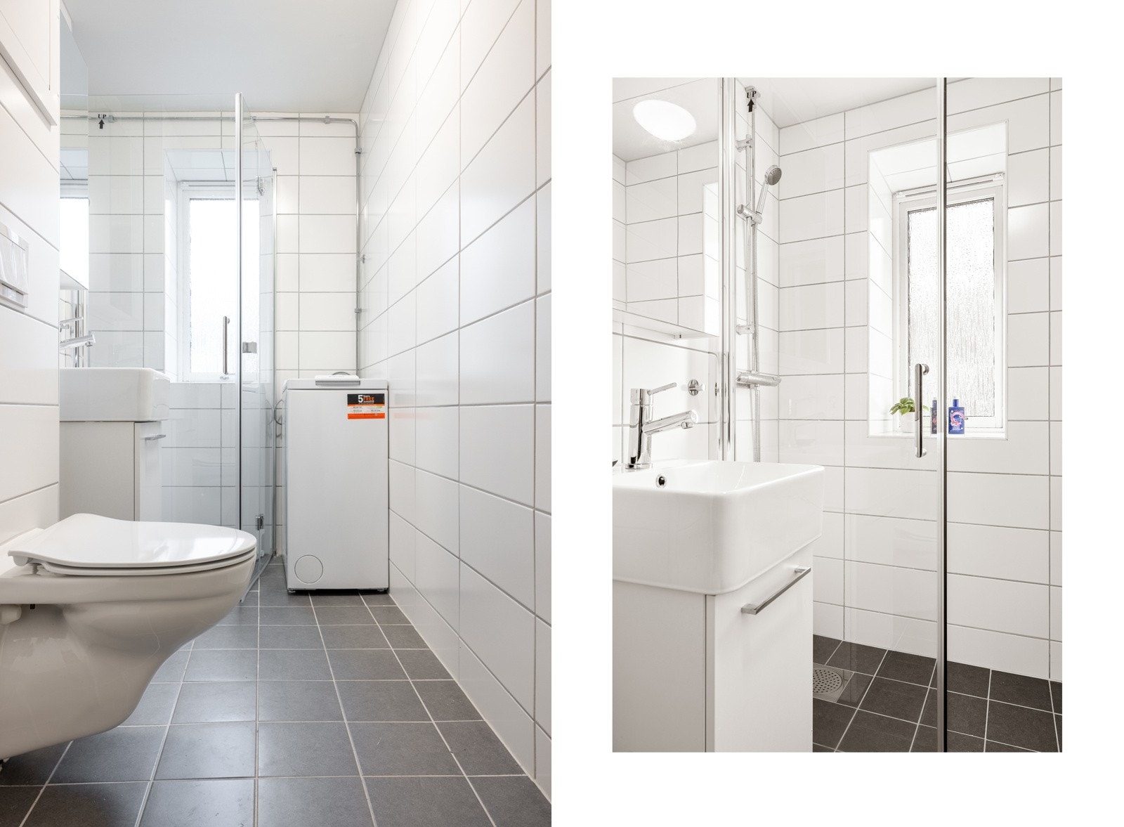 Badet har gjennomgått rørfornying i 2024, og inneholder baderomsinnredning med nedfelt servant, vegghengt toalett og dusjhjørne. Galleribilde