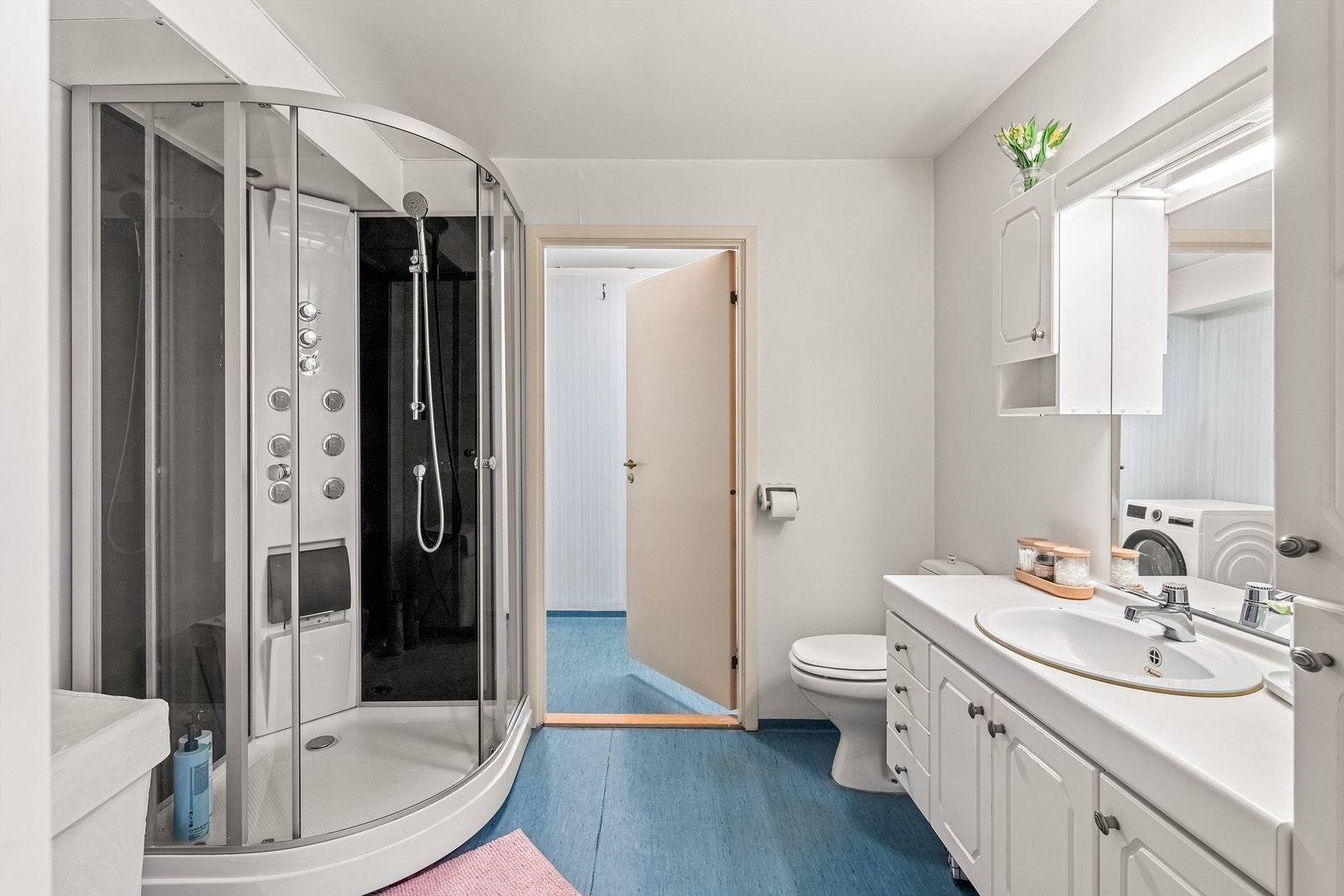 Baderommet har servant i innredning, dusjkabinett gulvsatt toalett Galleribilde