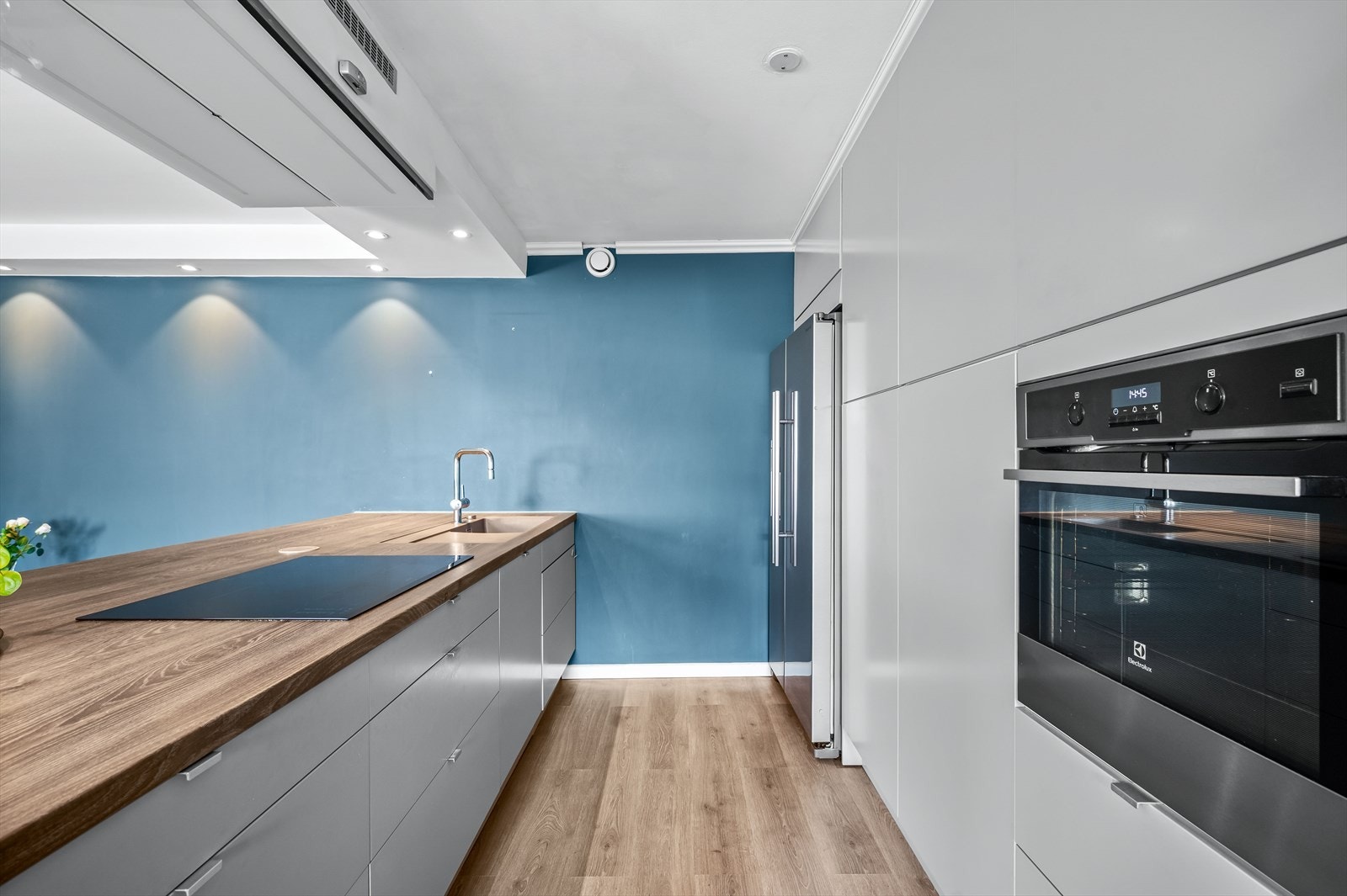 Det er frittstående kjøleskap/fryser og integrert oppvaskmaskin, platetopp, ovn og vinskap. Galleribilde