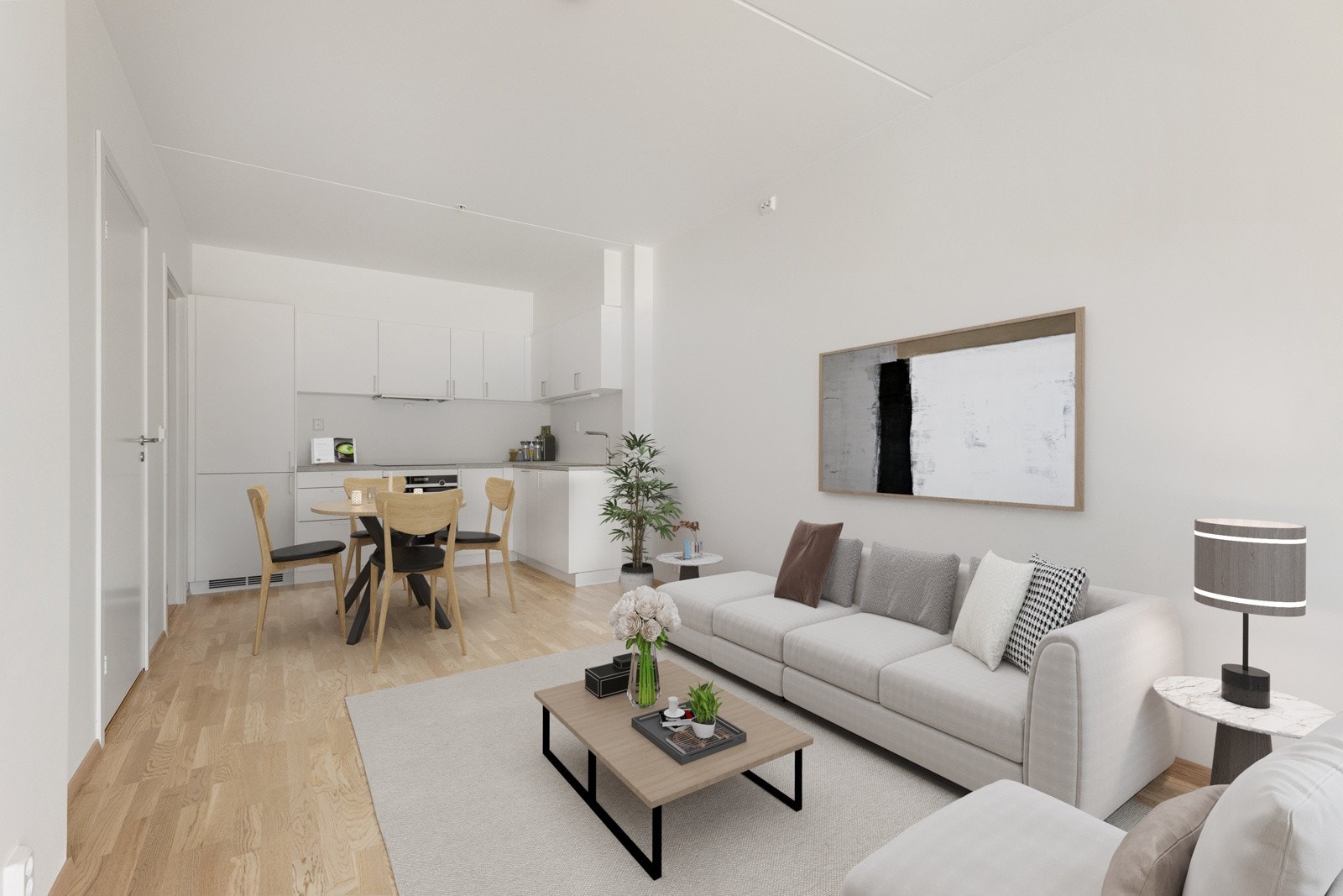 Plasseringen av kjøkkenet gir leiligheten flere møbleringsmuligheter - Virtuell møblering Galleribilde