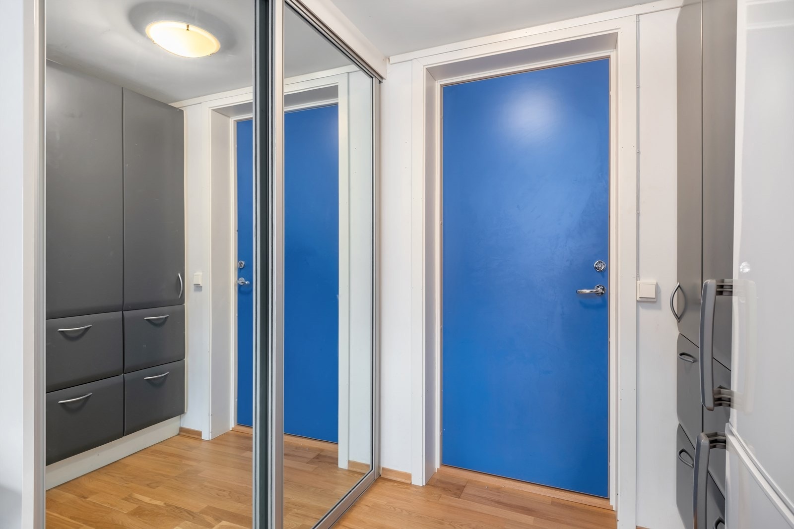 Ved inngangspartiet er det god lagringsplass i ny plassbygd skyvedørsgarderobe med spegel og garderobeskåp. Galleribilde