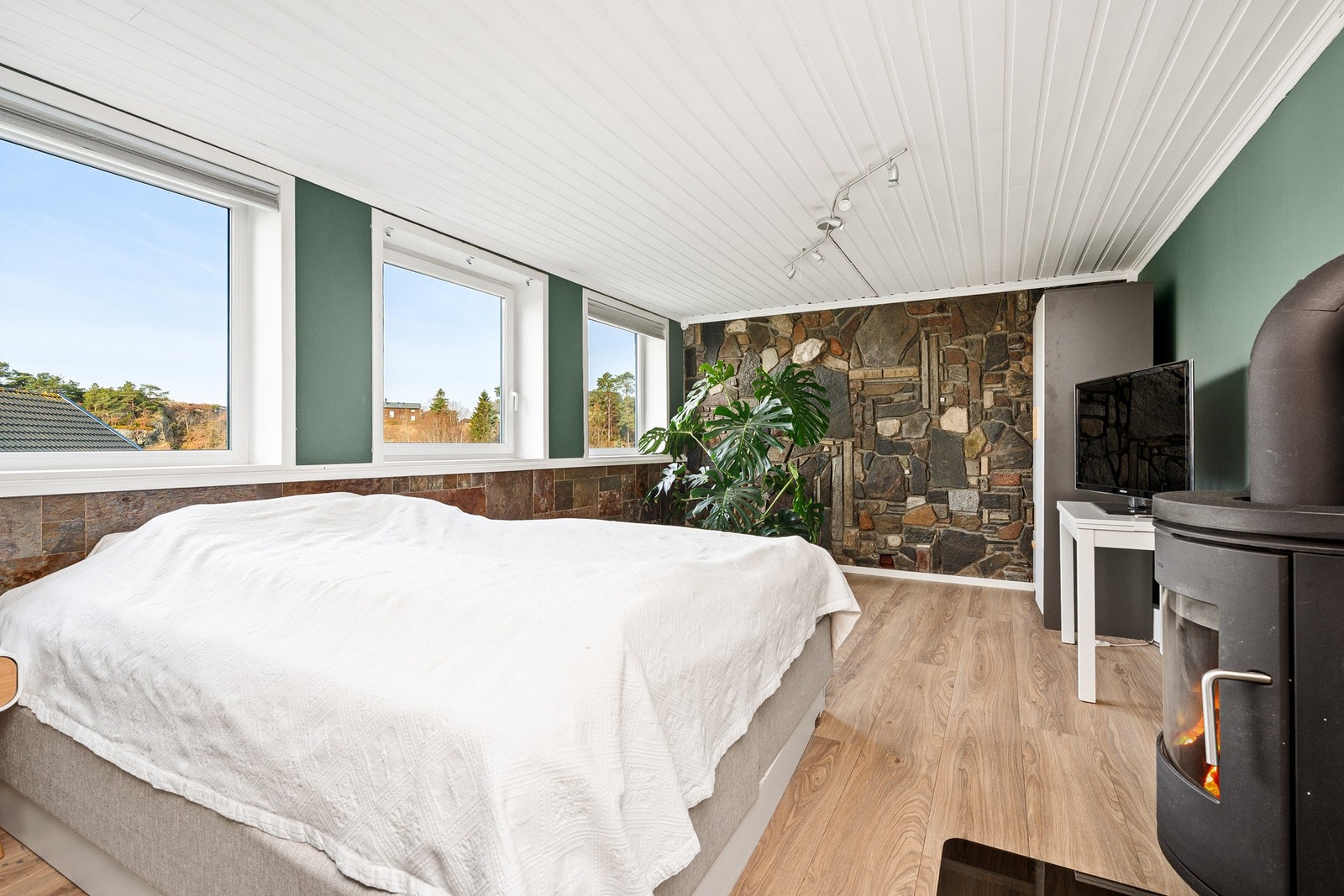 TV-stue/hobbyrom med vedovn Galleribilde