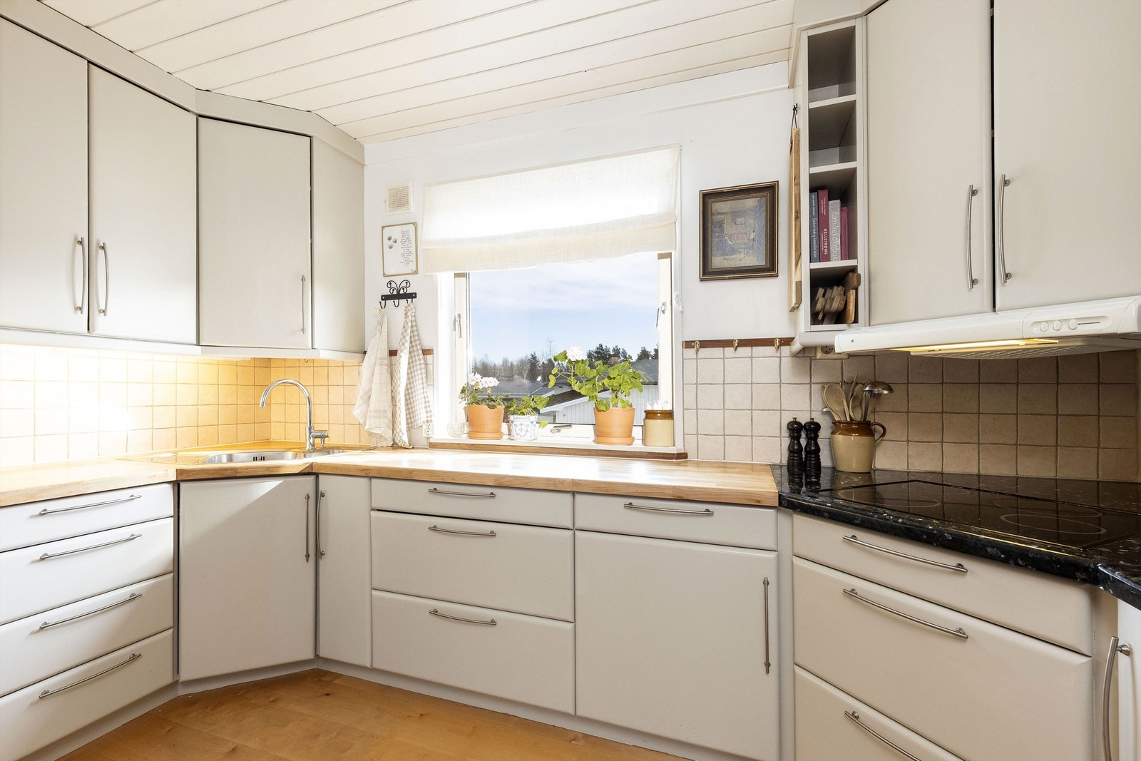 Rikelig med skap- og benkeplass på kjøkkenet. Integrerte hvitevarer medfølger. Galleribilde