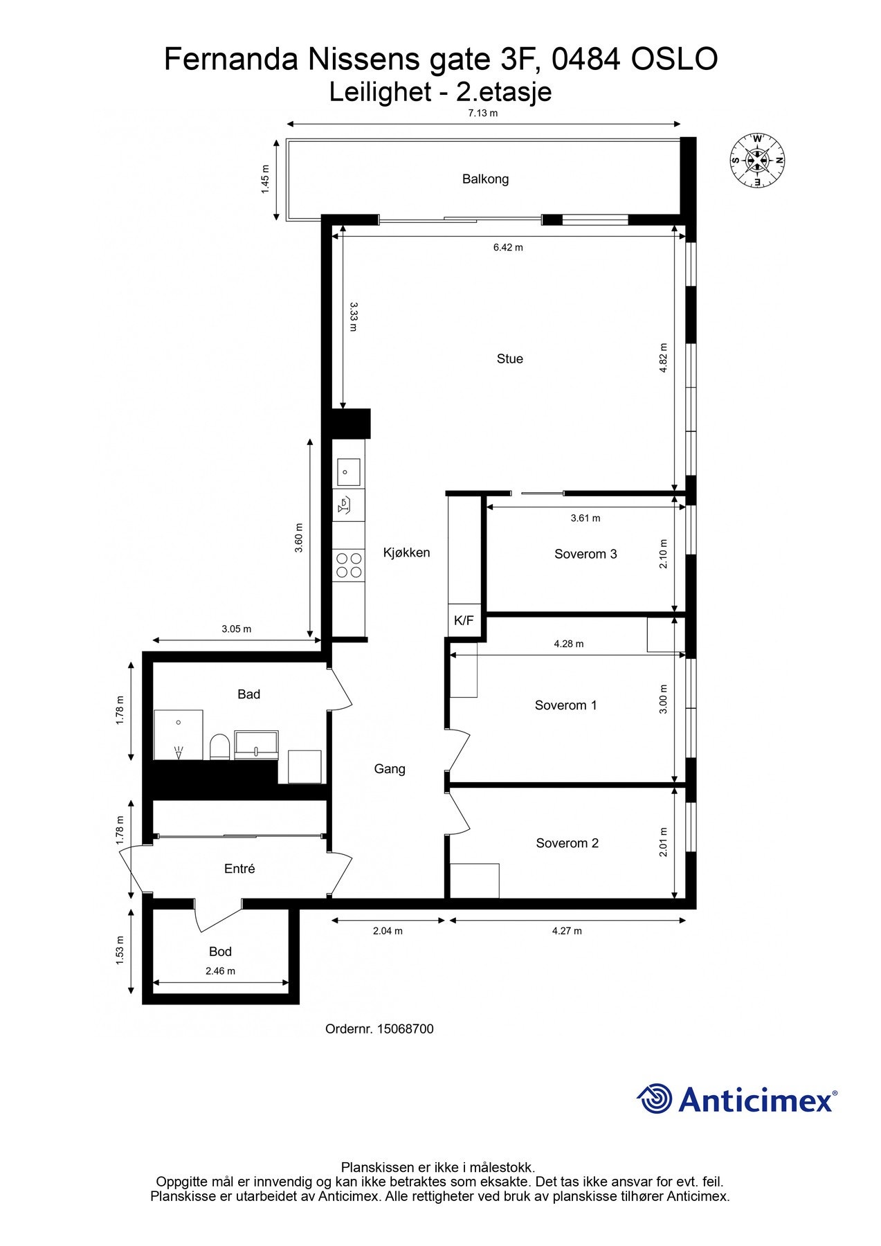 Vi kjører på med leilighetens planskisse med én gang slik at du får orientert deg litt. I tillegg til innvendige arealer disponeres det en kjellerbod på 5 m² for ekstra oppbevaring. Galleribilde