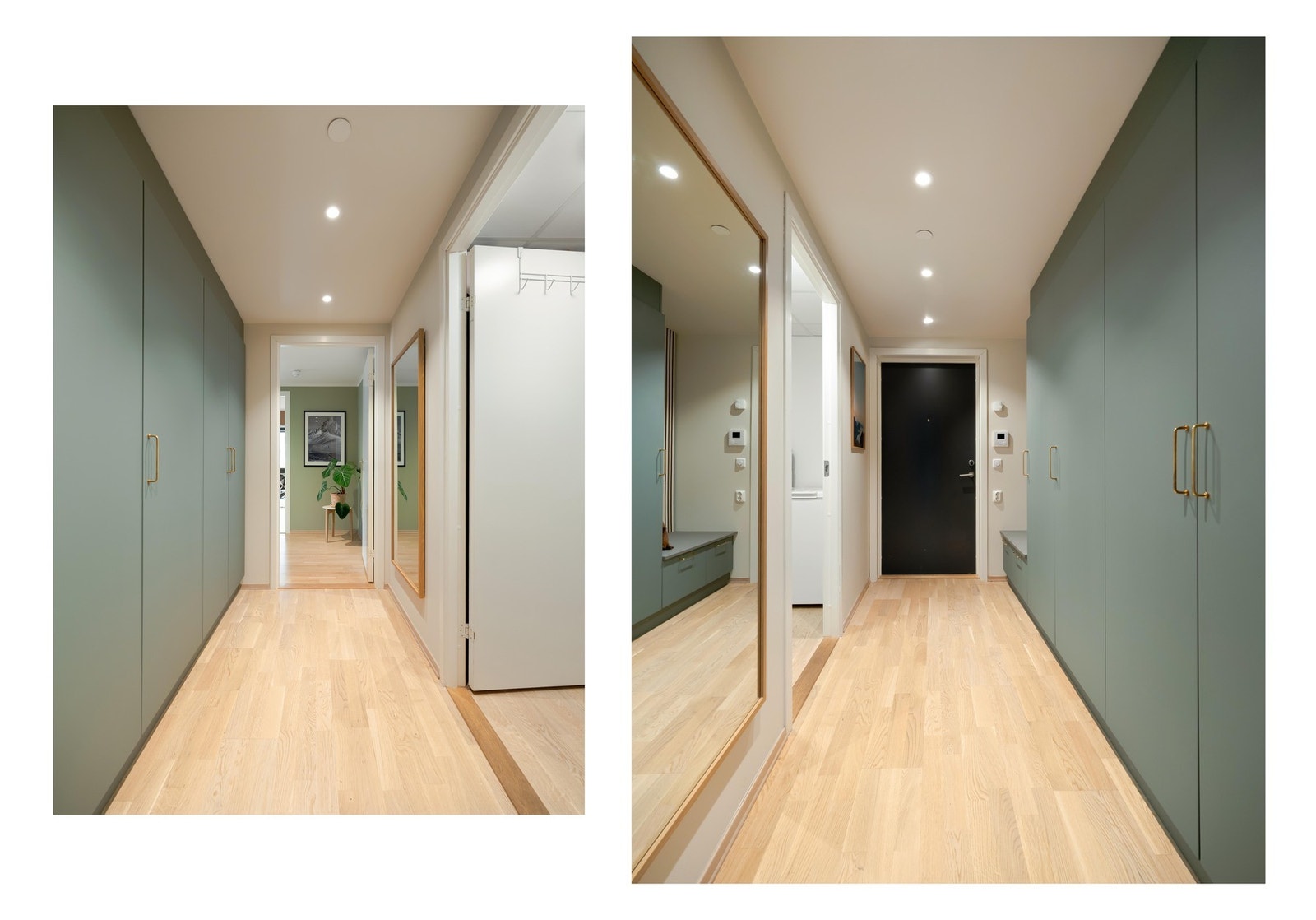 Gangen gir et godt førsteinntrykk. Det er rikelig med plass til å henge fra seg jakker og oppbevare klær i den store, plassbygde garderoben fra Kvik som ble montert i 2022. Galleribilde