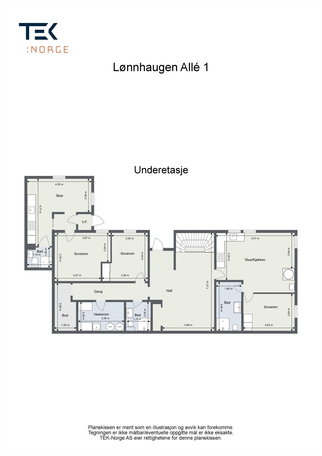 Underetasje (185 kvm BRA): Hoveddel med hall/trapperom, arbeidsrom/soverom, bad/wc, vaskerom, gang og bod. Hybel 1 med egen inngang, stue/kjøkken, soverom og bad/wc. Hybel 2 med egen inngang/vindfang, entré, stue/kjøkken, soverom og bad/wc Galleribilde