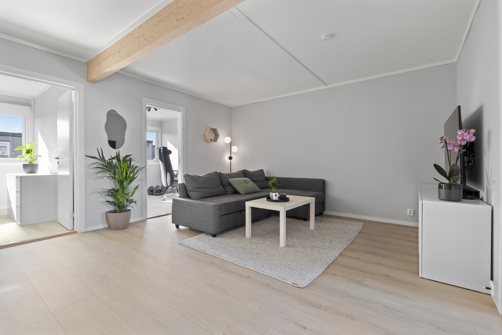 Rommet ble pusset opp i 2022 med nytt skjult el.anlegg, nymalte slette veggflater og nydelig lyspigmentert enstavs laminat på gulv. Galleribilde