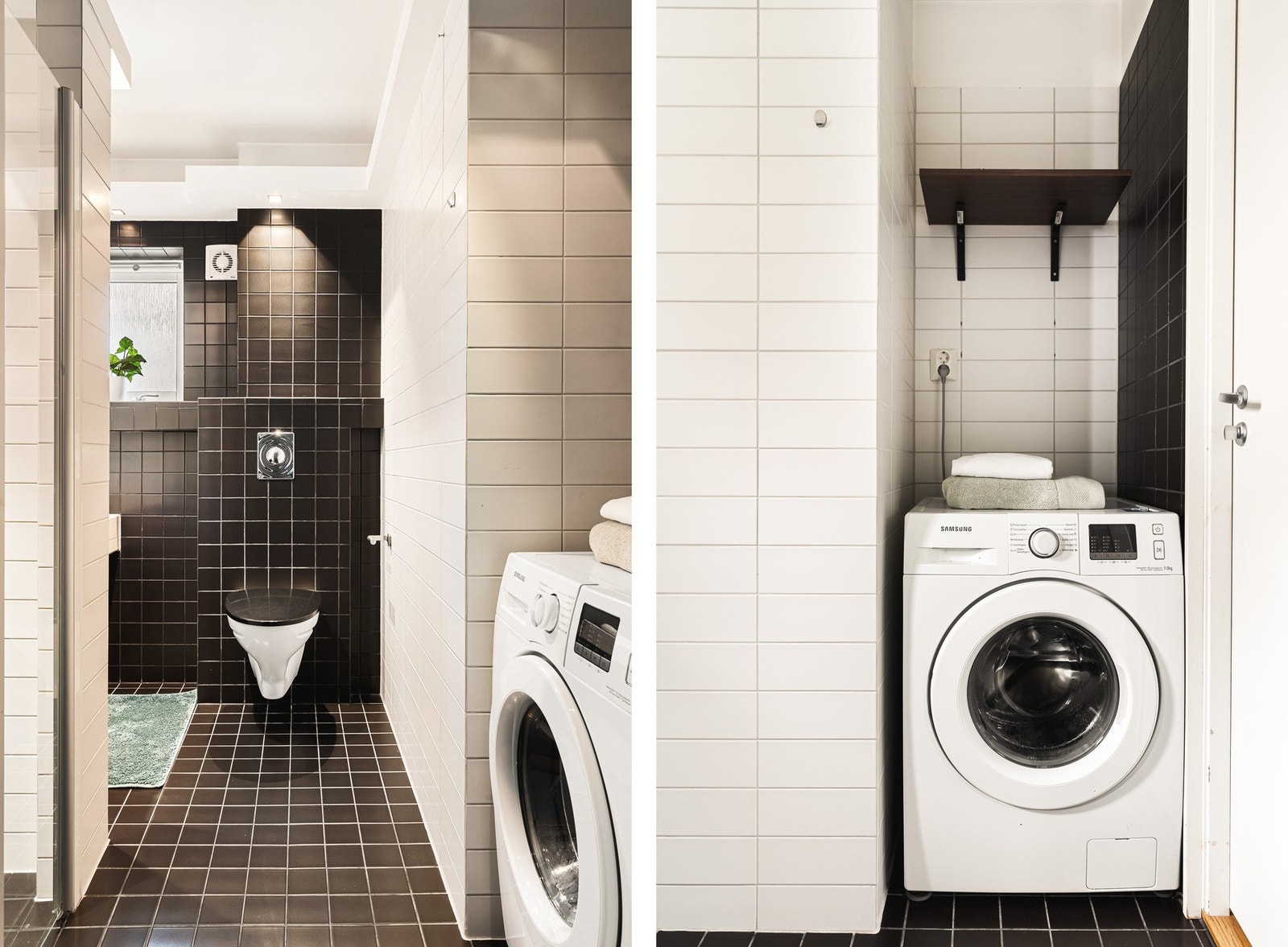 Badet er innredet med dusjnisje, vegghengt toalett, baderomsinnredning og opplegg for vaskemaskin. Galleribilde