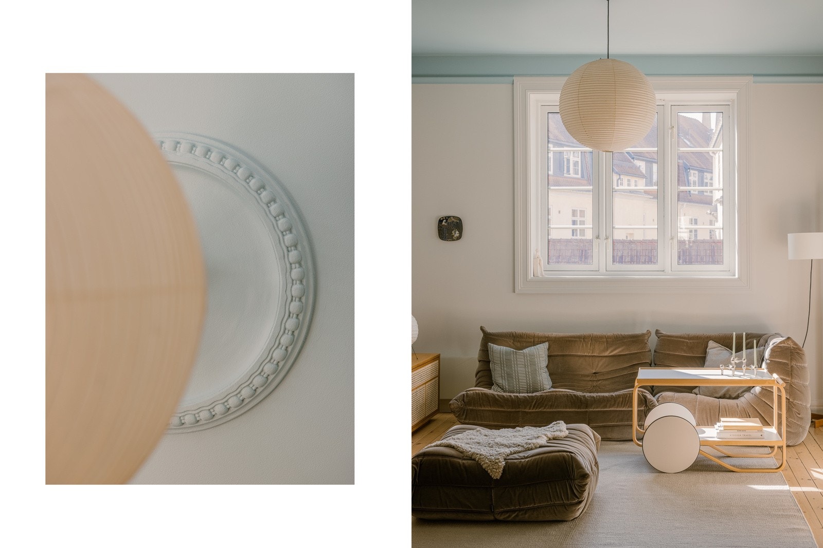 I stuen: Maling av alle vegger og tak, veggpanel i bjørkefiner i spiseområdet, samt fastmontert vegglampe (Applique à volet pivotant fra Nemo Lighting). Himlingshøyden ble målt til ca. 2,84 meter. Galleribilde