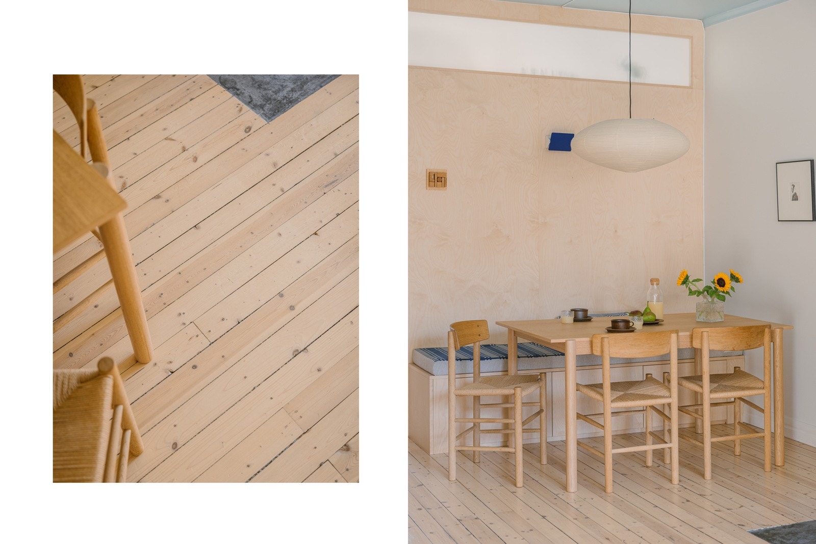 Det er god plass til spisebord i tilknytning til kjøkkenet. Spesiallaget fastmontert benk med oppbevaring i spisehjørnet. Galleribilde