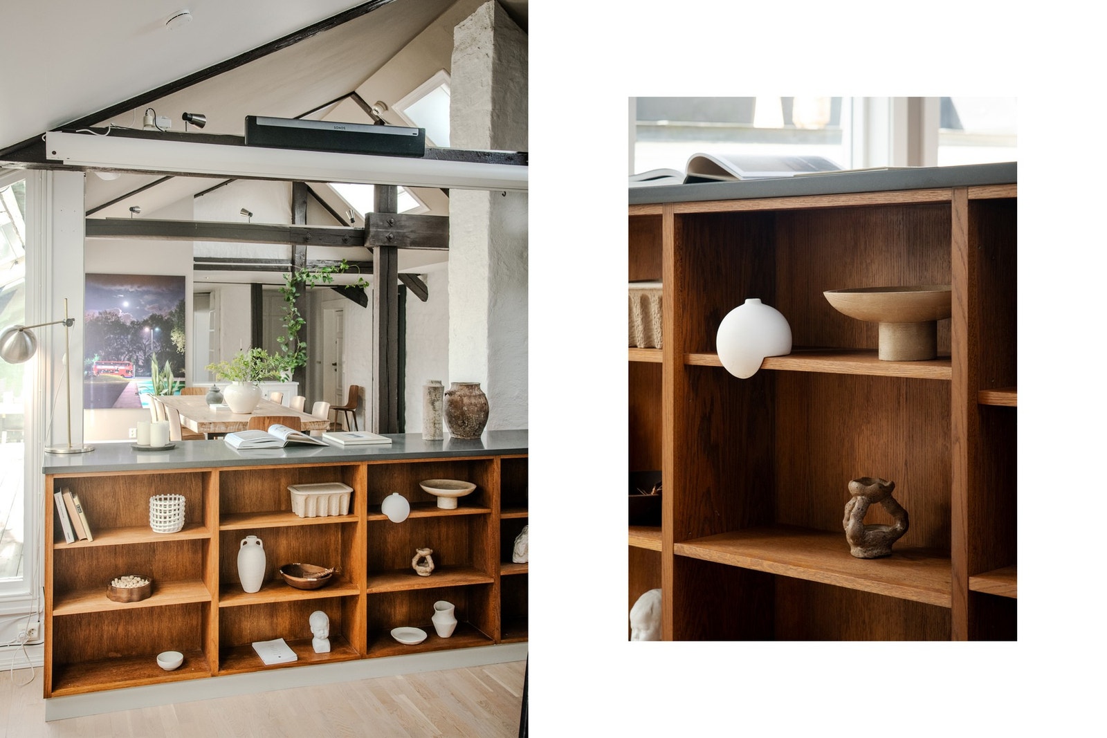 Lekker snekkerbygd innredning som skaper en naturlig avgrensning mellom sonene og samtidig tilbyr rikelig med skapplass. Galleribilde