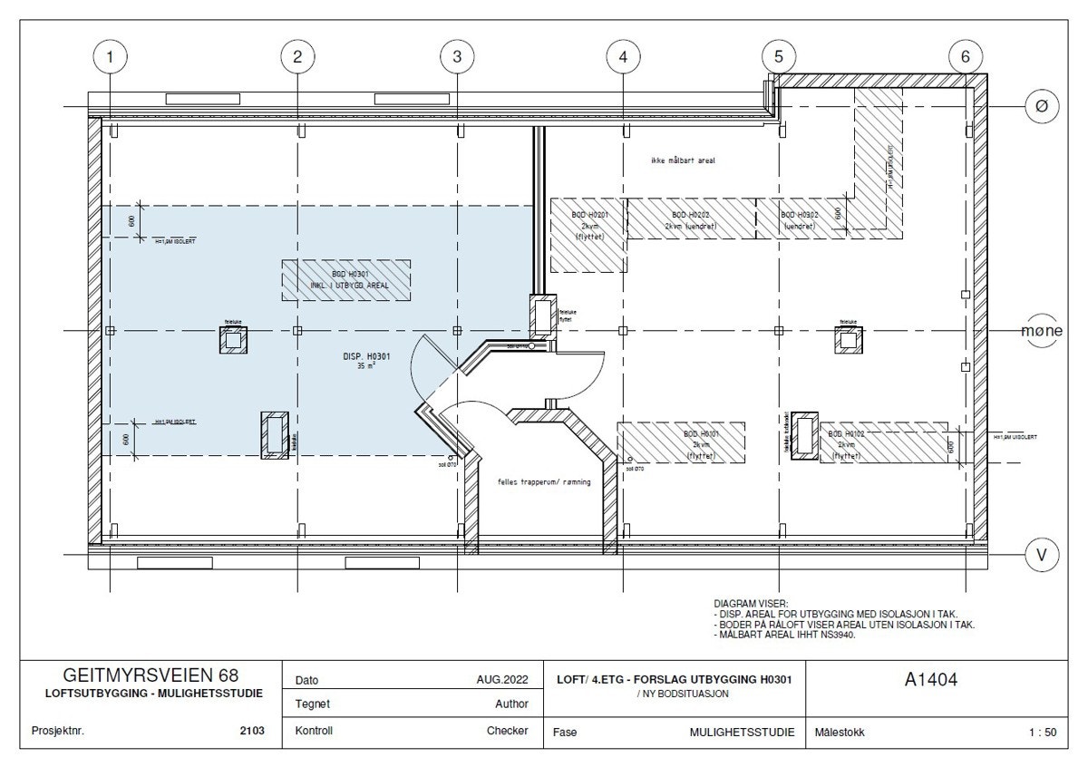 Mulighetstegning av det ubebygde arealet på loftet, over leiligheten. Kjøper er selv ansvarlig for videre undersøkelser og søknadsprosesser. Galleribilde