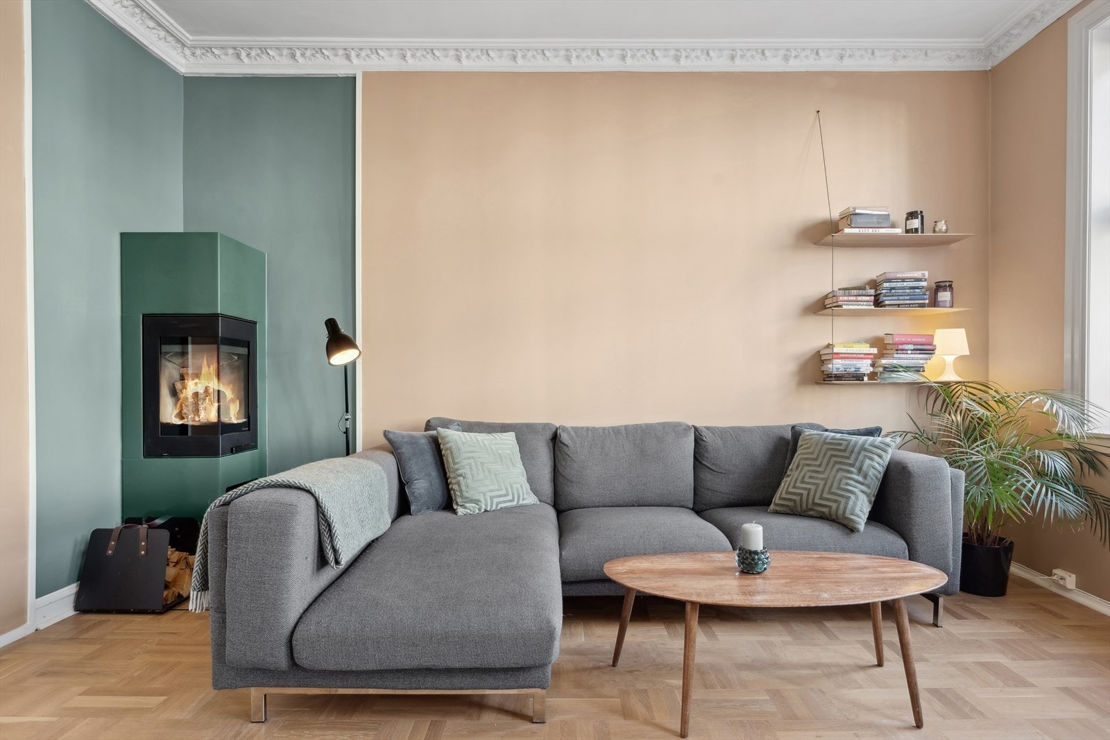 I stuen er det en peis som sørger for å skape en hjemmekoselig og harmonisk følelse. Galleribilde