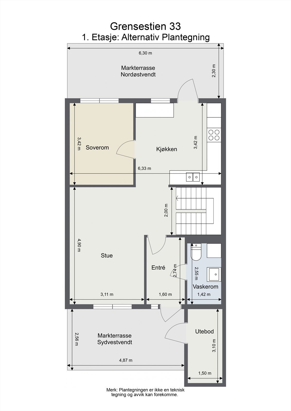 Oppdatert plantegning 1. etasje. Opprinnelig soverom i 1. etasje er endret til spisestue. Galleribilde
