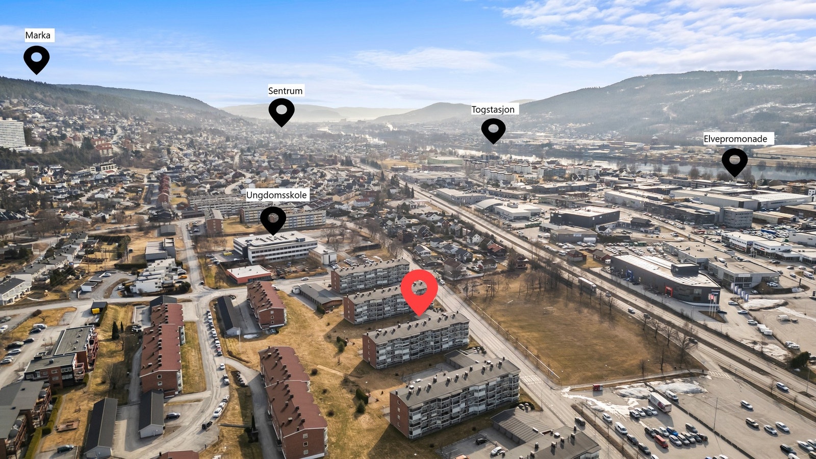 Det er ca 10 min kjøring til Drammen sentrum og togstasjon Galleribilde