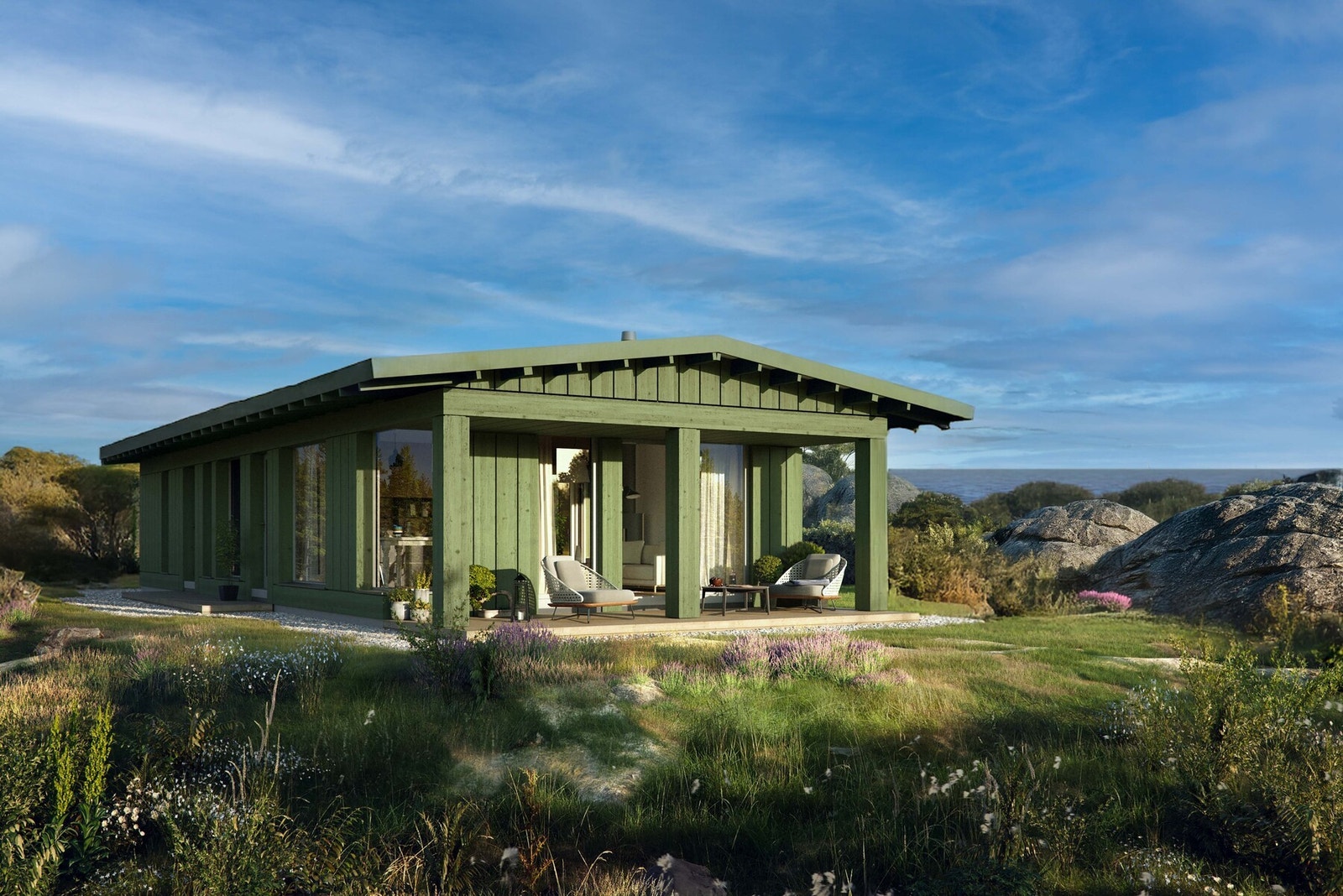 Sommer Vy3. Illustrasjonbilde av prosjektert hytte på tomten. Galleribilde