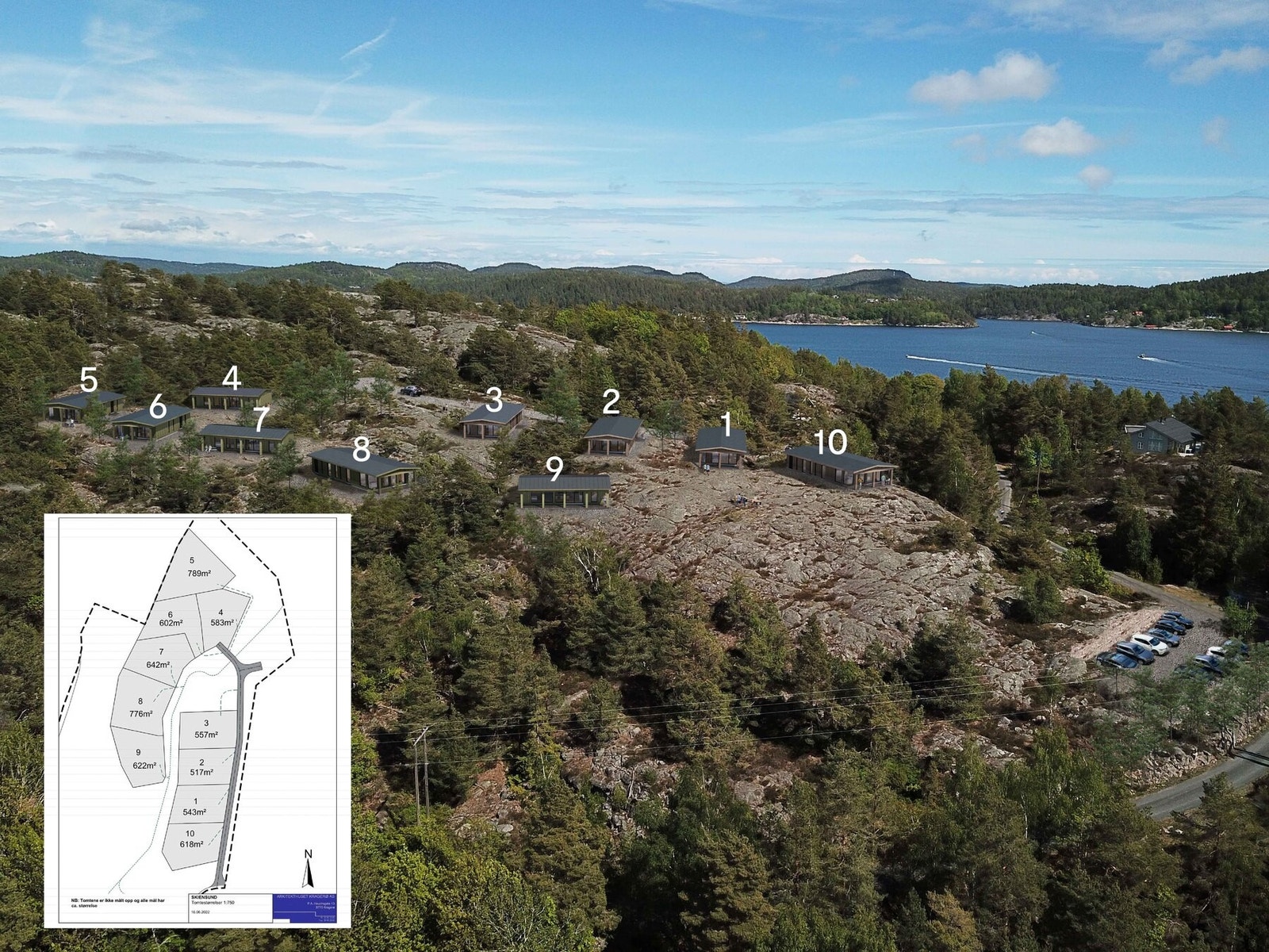 Illustrasjon med hyttene og tomtene markert. Annonsen gjelder tomt 8 Galleribilde