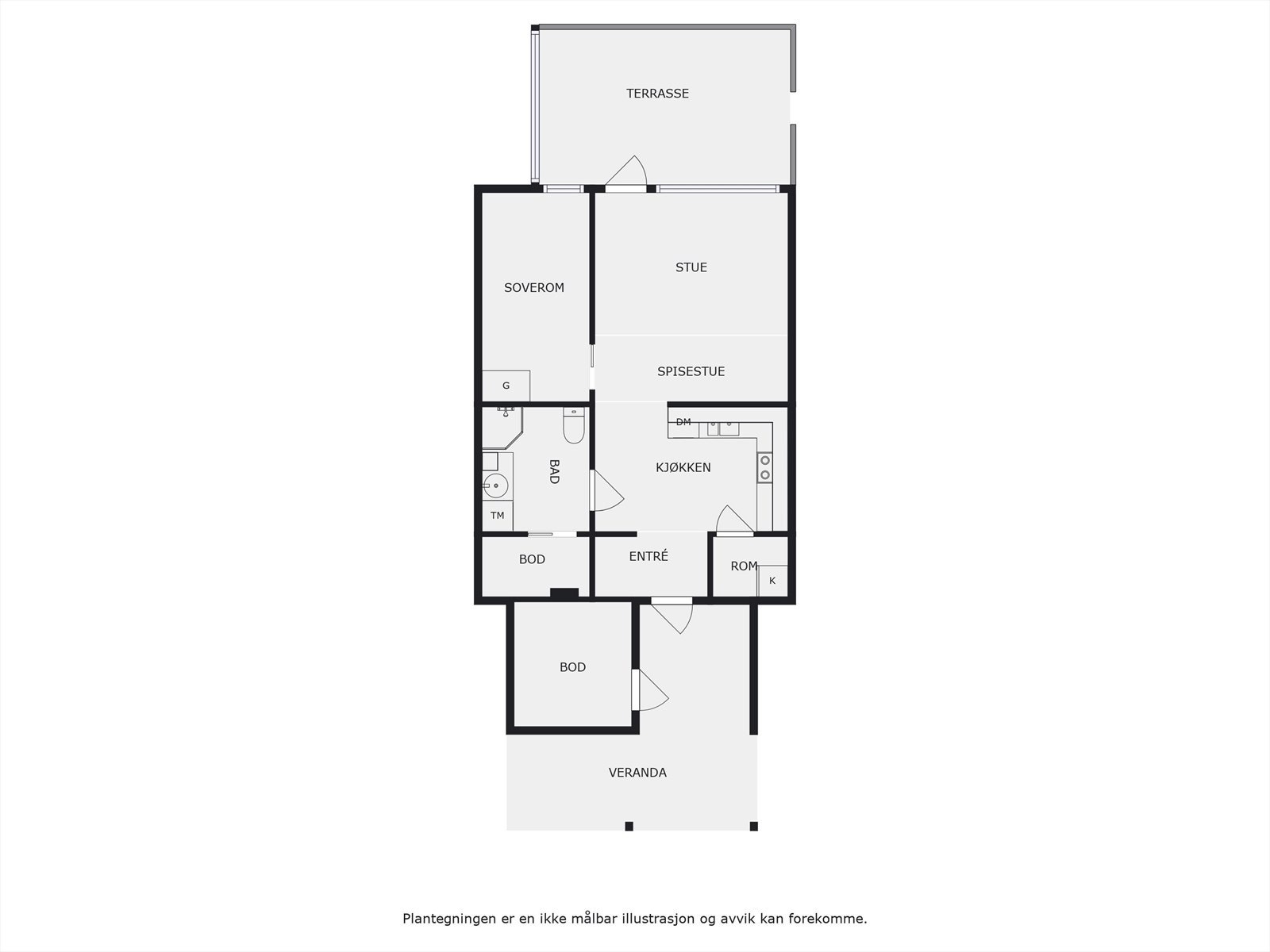 Plantegning. I tillegg disponerer leiligheten en utvendig bod på 6m² og en parkeringsplass på ca. 15m² i felles carportanlegg. Galleribilde