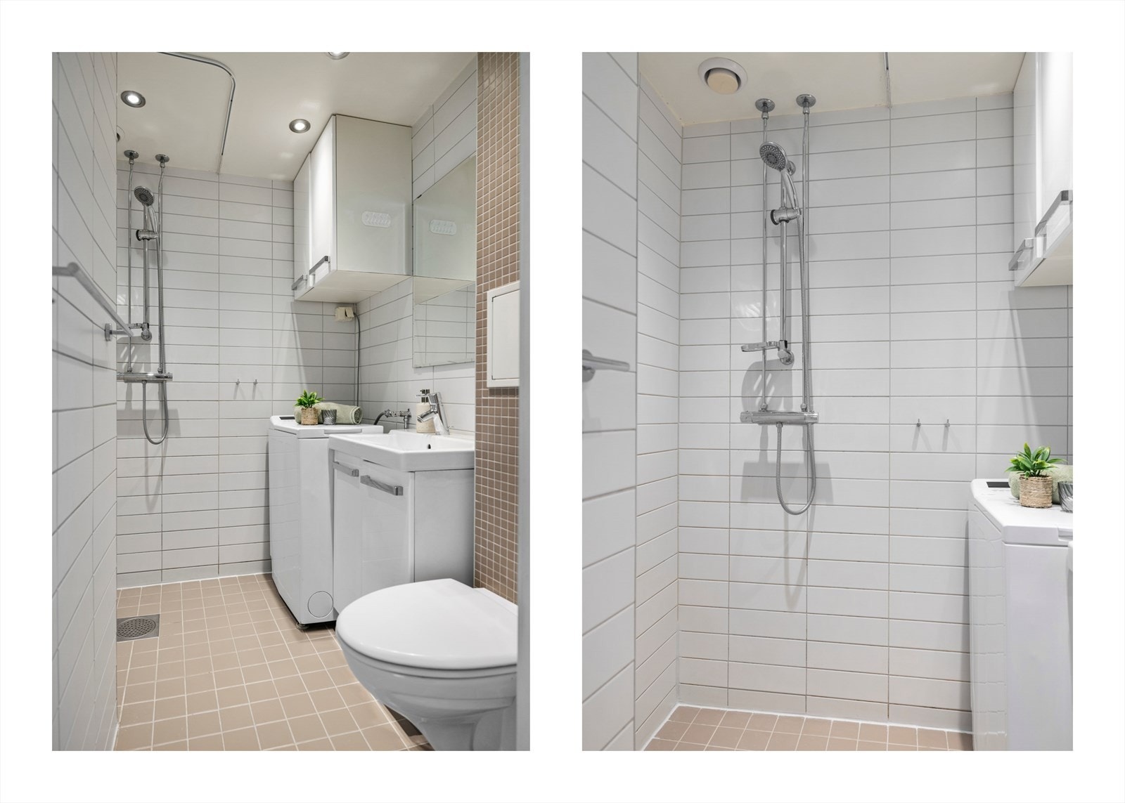 Innredningen består av en hvit baderomsinnredning med slette fronter, en helstøpt servantplate med kromfarget blandebatteri og et speil. Til høyre for speilet er det montert et veggskap for ekstra oppbevaring. Galleribilde