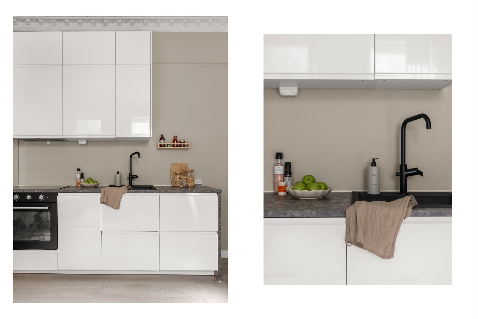 Kjøkkeninnredningen er av glatte fronter og benkeplate i laminat med vaskekum. Hvitevarene er sømløst integrert i innredningen og består av kjøl-/fryseskap, oppvaskmaskin, platetopp og stekeovn. Det er også opplegg for vaskemaskin. Galleribilde