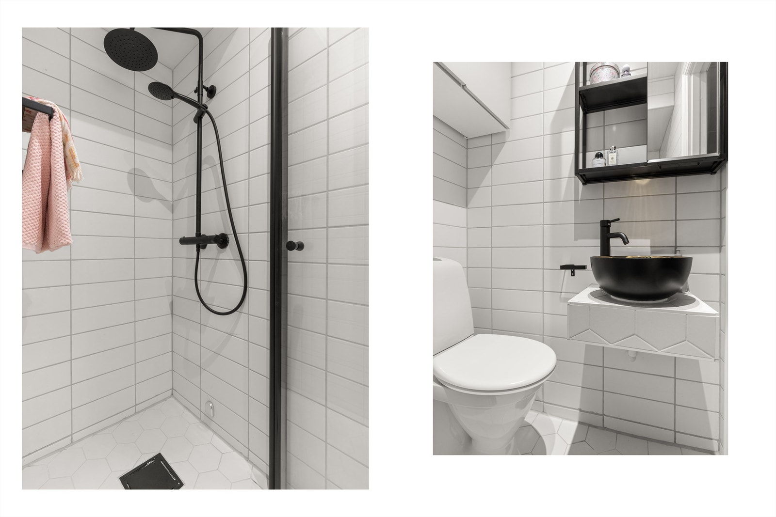 Badet fikk nye gulvfliser i 2022 og er pent flislagt på både gulv og vegger med varme i gulvet. Baderomsinnredningen består av vegghengt servantskap med servant. Galleribilde