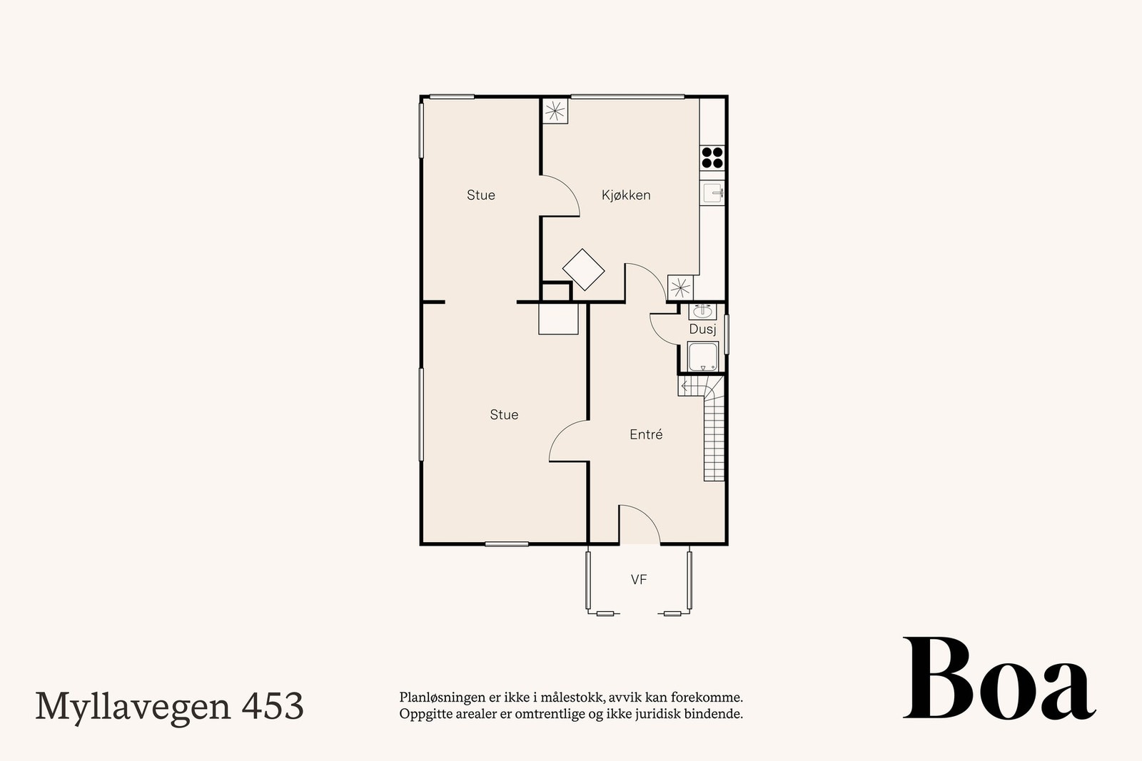 1.etasje: Trapperom, stue, spisestue, kjøkken og bad. Bod, teknisk rom kjeller, uthus og garasje. Galleribilde