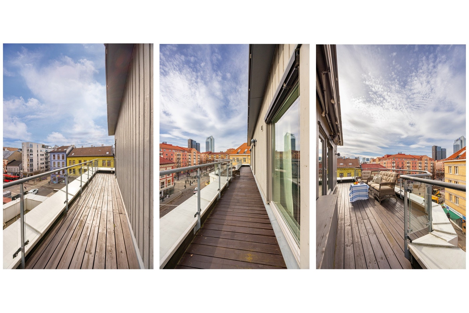 Terrassen strekker seg langs tre av leilighetens fire sider. Galleribilde