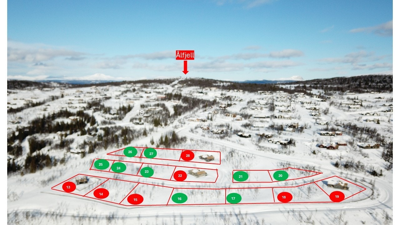 Oversikt over tomtene i Brakastøl feltet. De tomten som er merket i rødt = solgt, og de tomtene som er merket i grønt = ledige.
Tomt 16 er reservert. Galleribilde