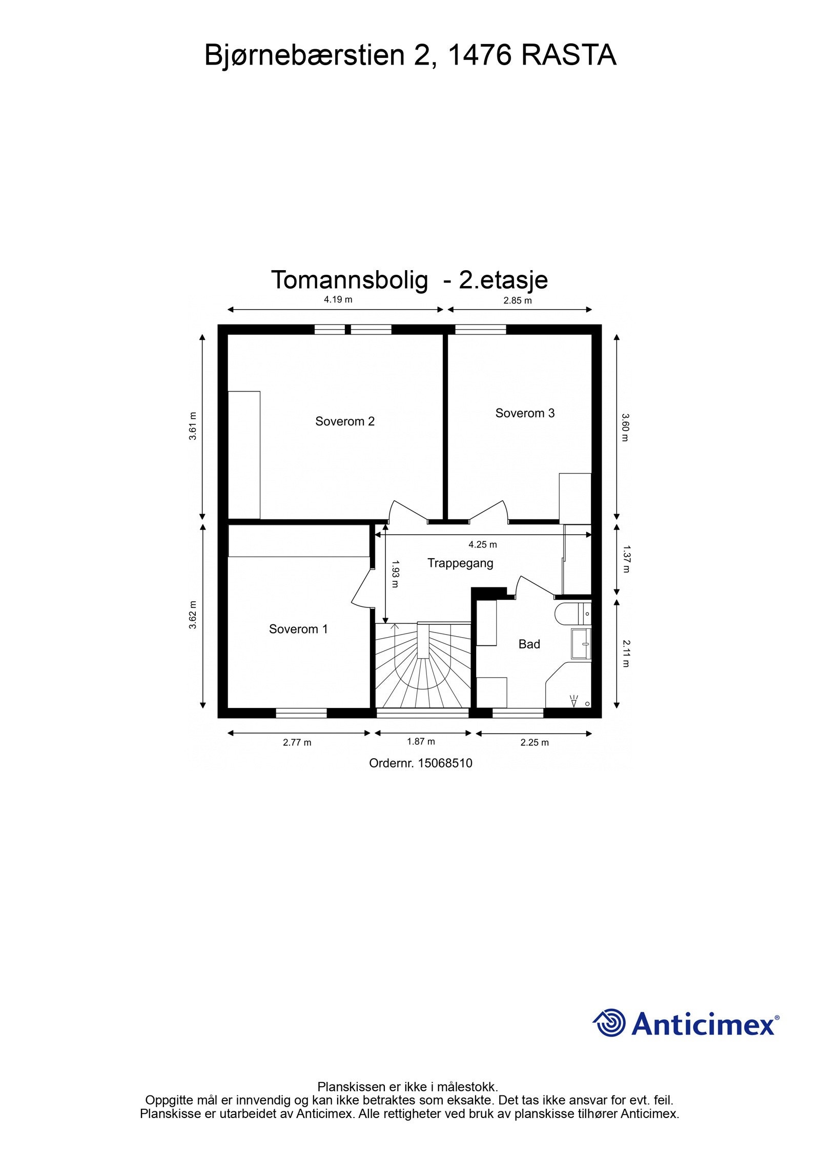 2. etasje består av trappegang, bad og tre soverom. Galleribilde