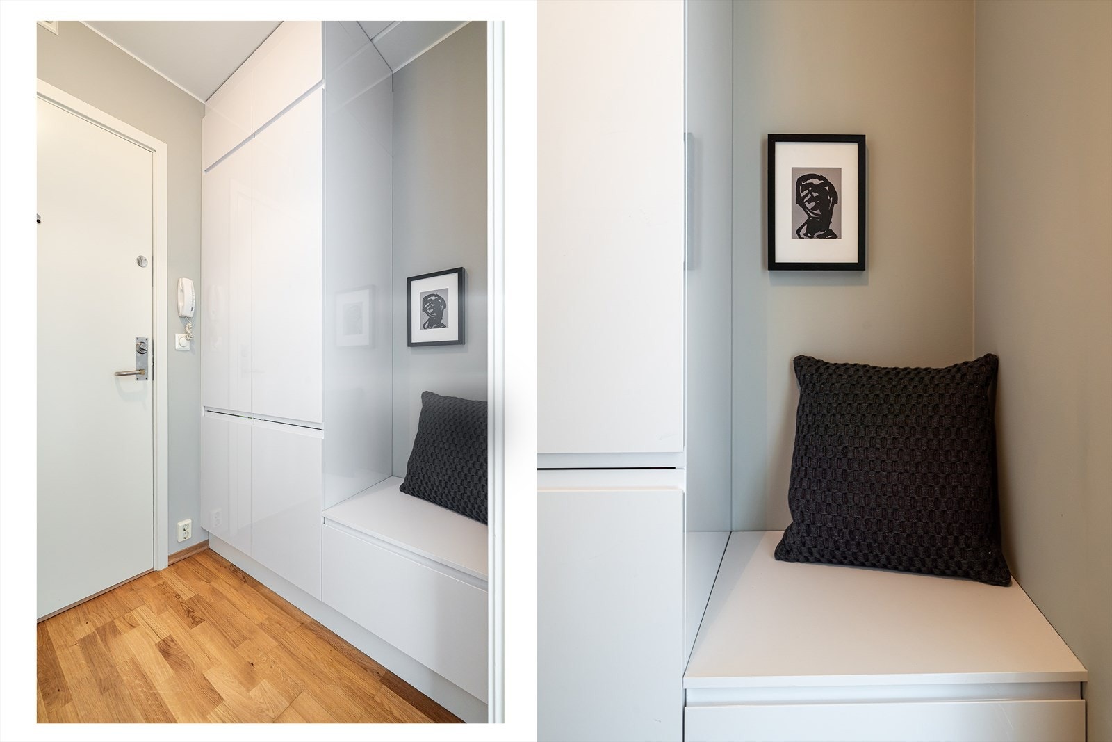 En lys og innbydende entré med smarte oppbevaringsløsninger for yttertøy og sko. Her finner du også en praktisk sitteplass for enkel påkledning. Galleribilde
