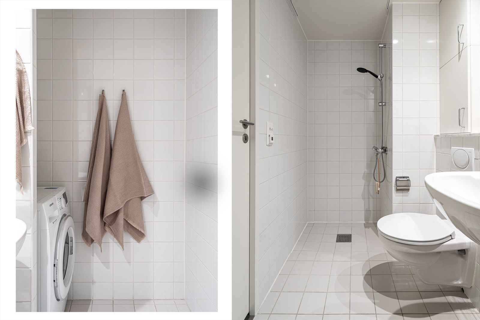 Baderommet er svært lettvint å rengjøre med veggmontert servant, veggmontert klosett, samt dusjsone med dusjforheng. Galleribilde