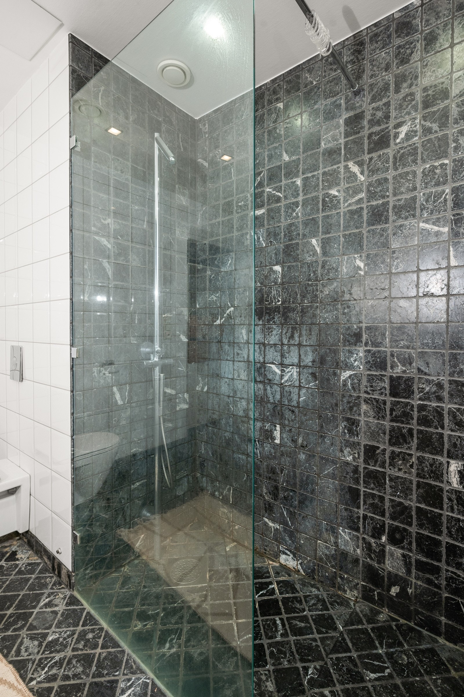 Badet har en romslig dusjnisje med glassvegg, dusjgarnityr og håndklestativ. Galleribilde