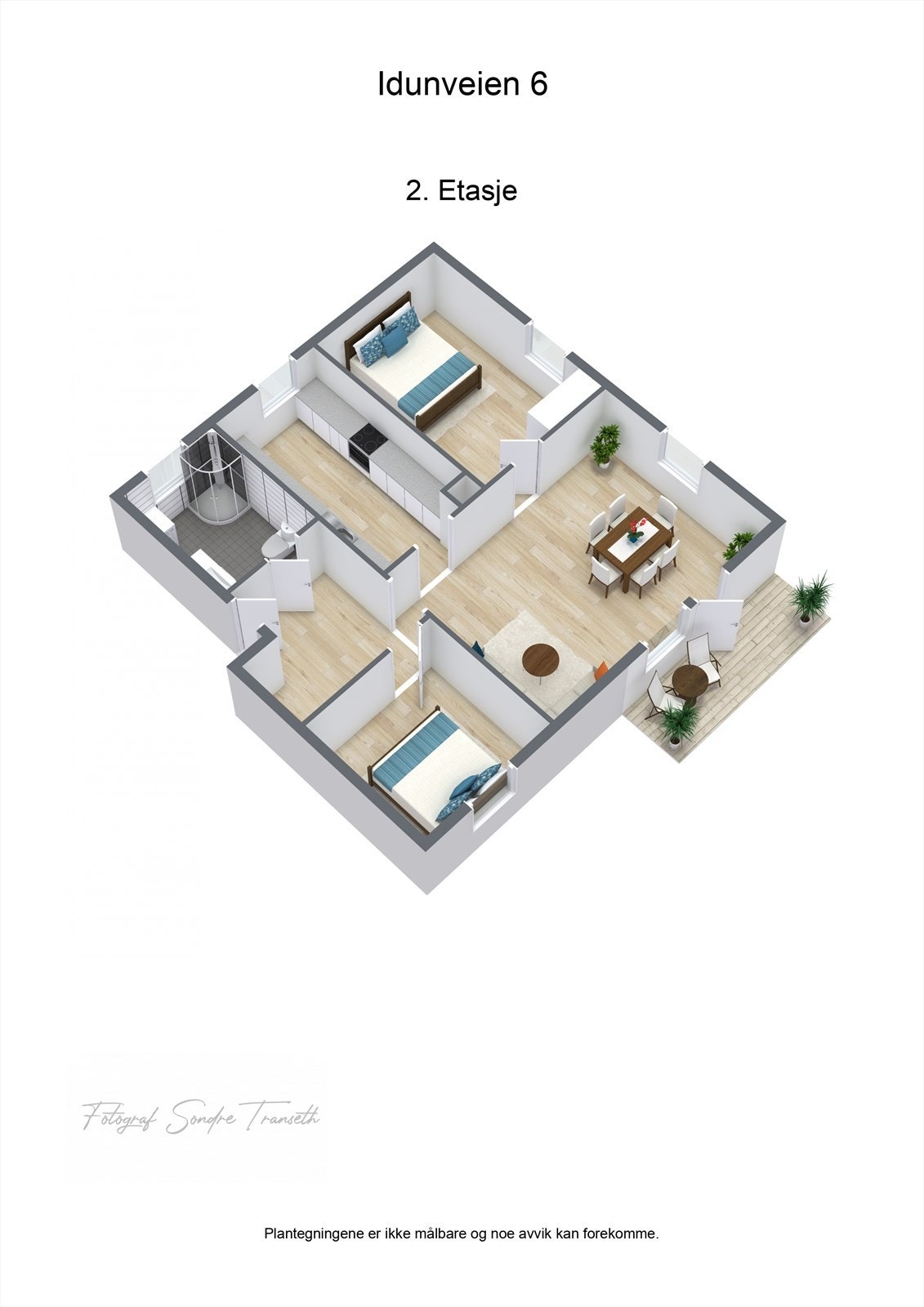 Planløsning 2.etg.: entre, soverom 1, bad, stue/spisestue med tilkomst til balkong, soverom 2, samt kjøkken. Forøvrig medfølger det et hobbyrom på loftet, bod, samt 2 stk. boder i byggets underetg. Galleribilde