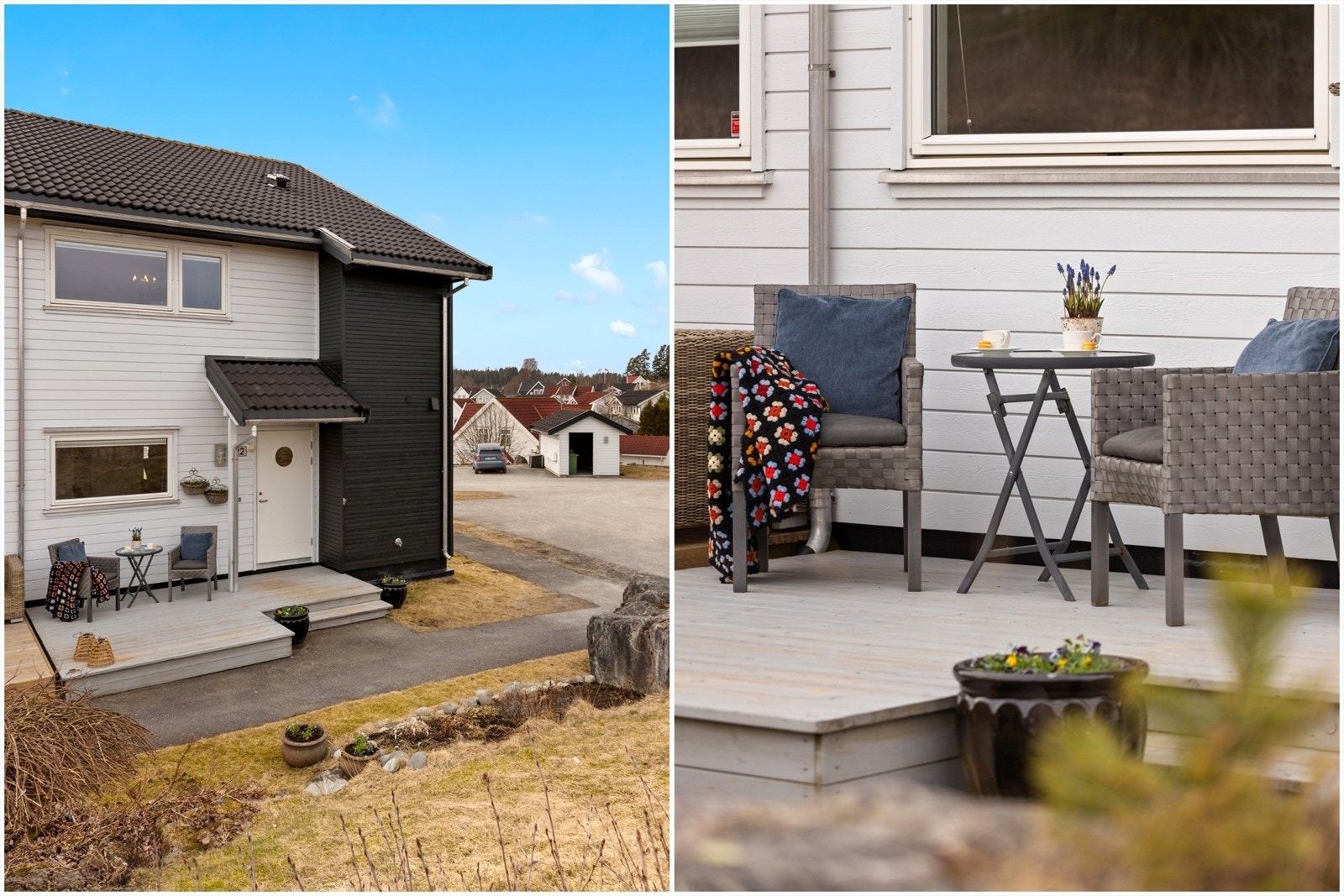 Rekkehuset ligger på ende og har et overbygget inngangsparti med en liten terrasse. Galleribilde