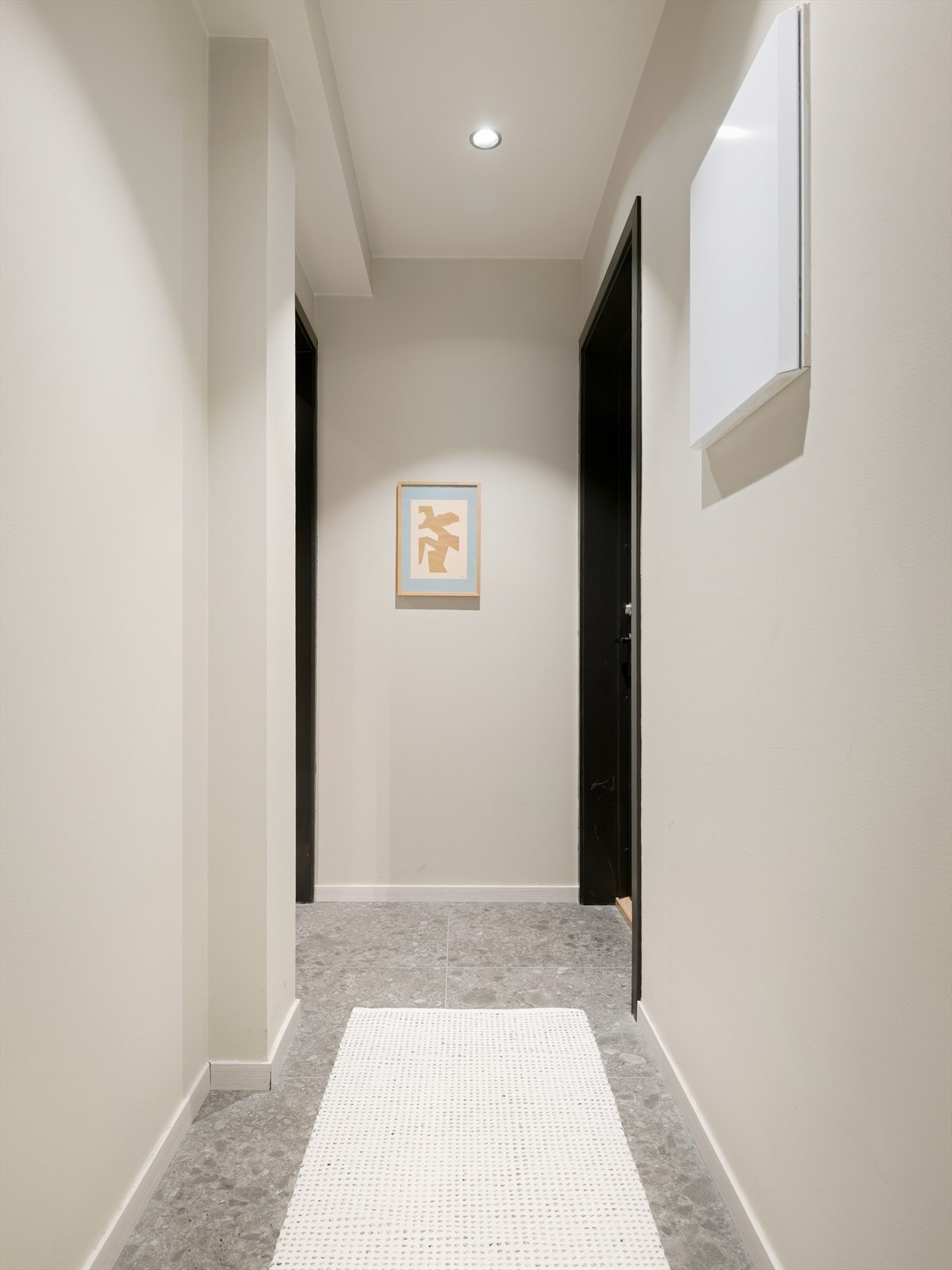 Det er felles adkomst til leilighetene via mellomgang, med inngangsdør til hoveddelen t.v. og inngangsdør til hybelen t.h. Galleribilde