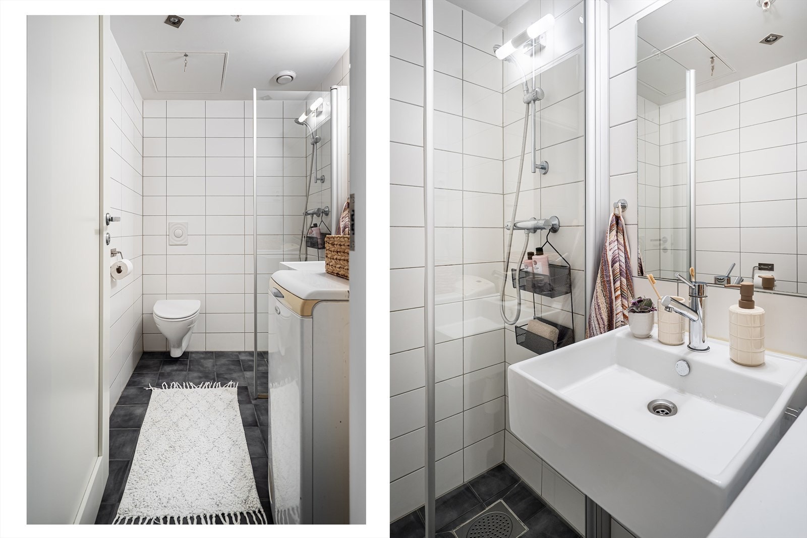 Det flislagte baderommet har servant på vegg, veggmontert klosett og dusjhjørne. Galleribilde