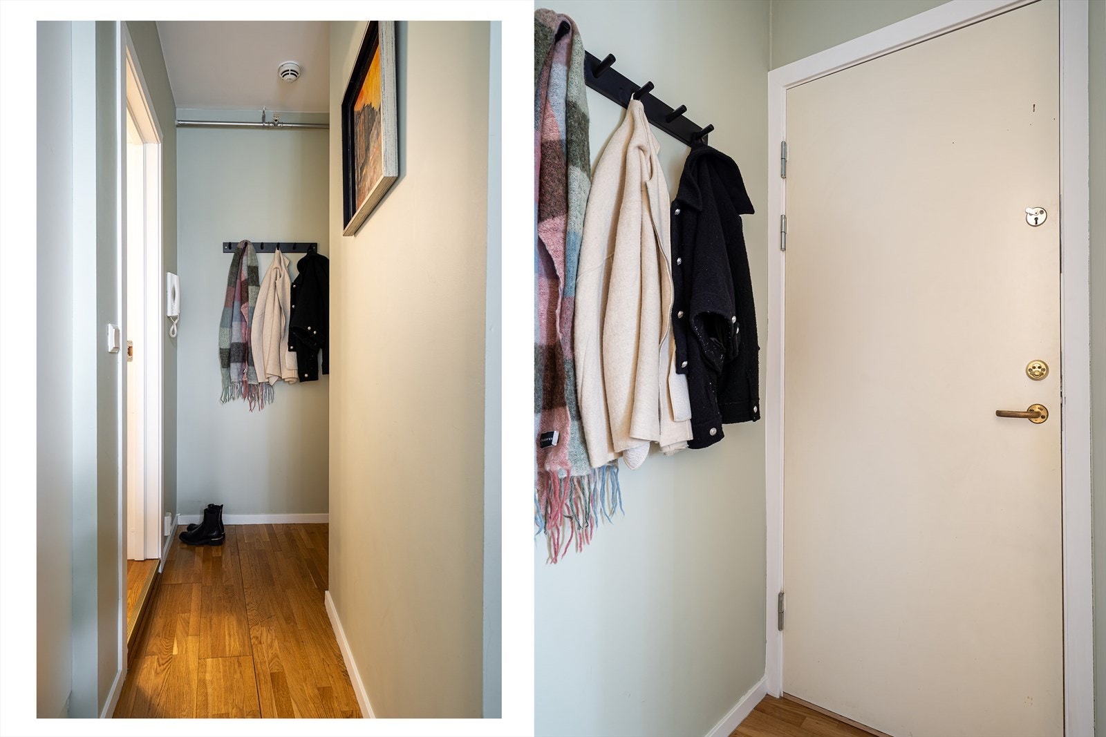 Entréen ønsker deg velkommen inn i leiligheten. Gjester kan enkelt slippes inn fra bakkeplan via porttelefonen. Galleribilde