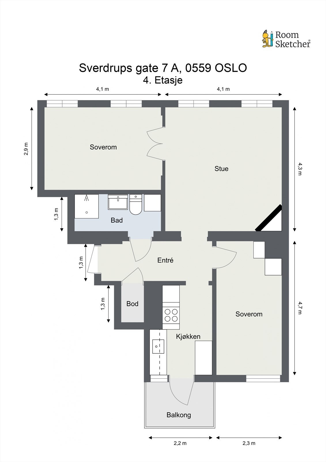 Plantegning - Balkong er 3,2 meter i bredde. Oppmåling illustrere kjøkkenrommmet sin bredde på 2,2 meter. Galleribilde