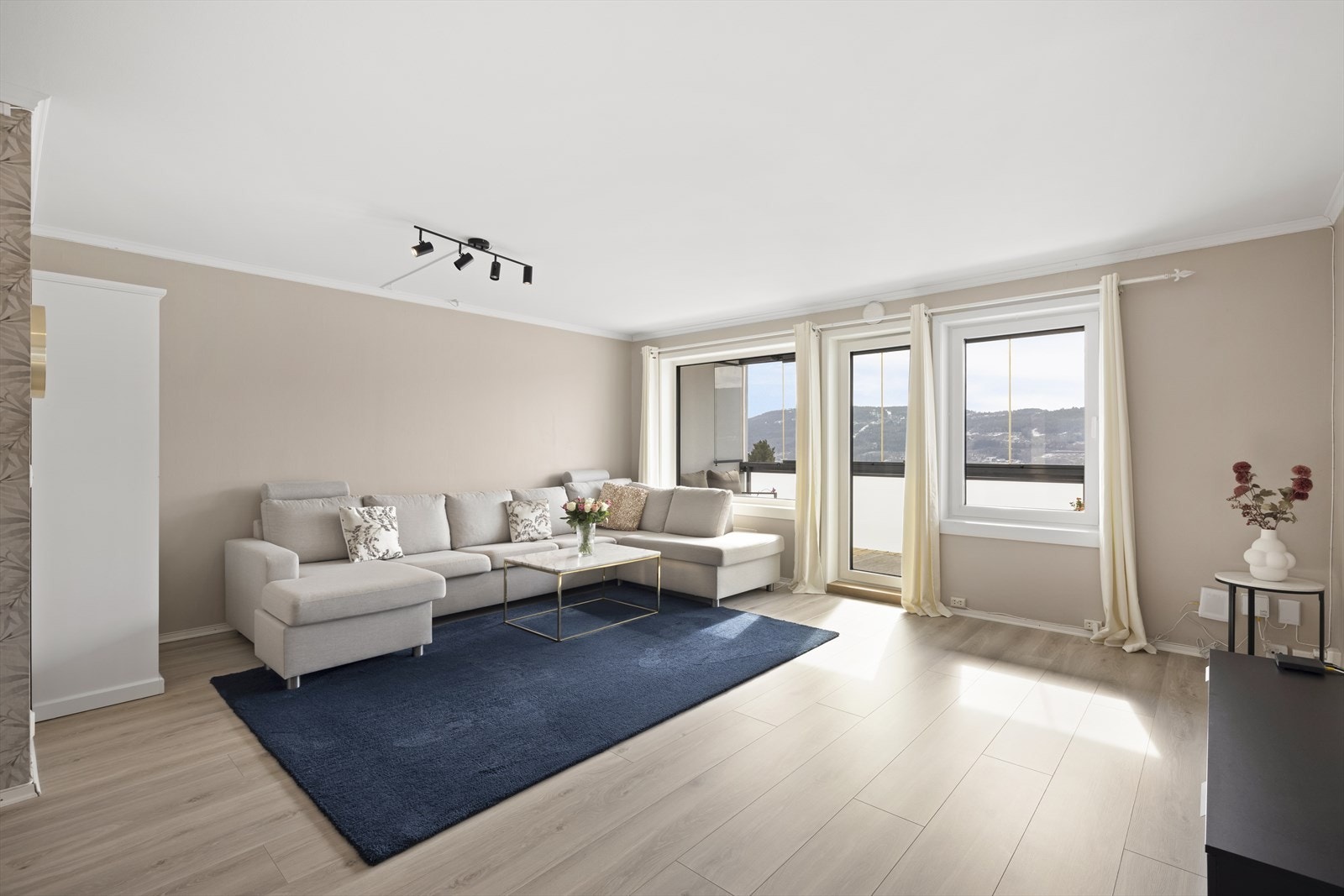 Stor lys stue med utgang til innglasset balkong. Galleribilde