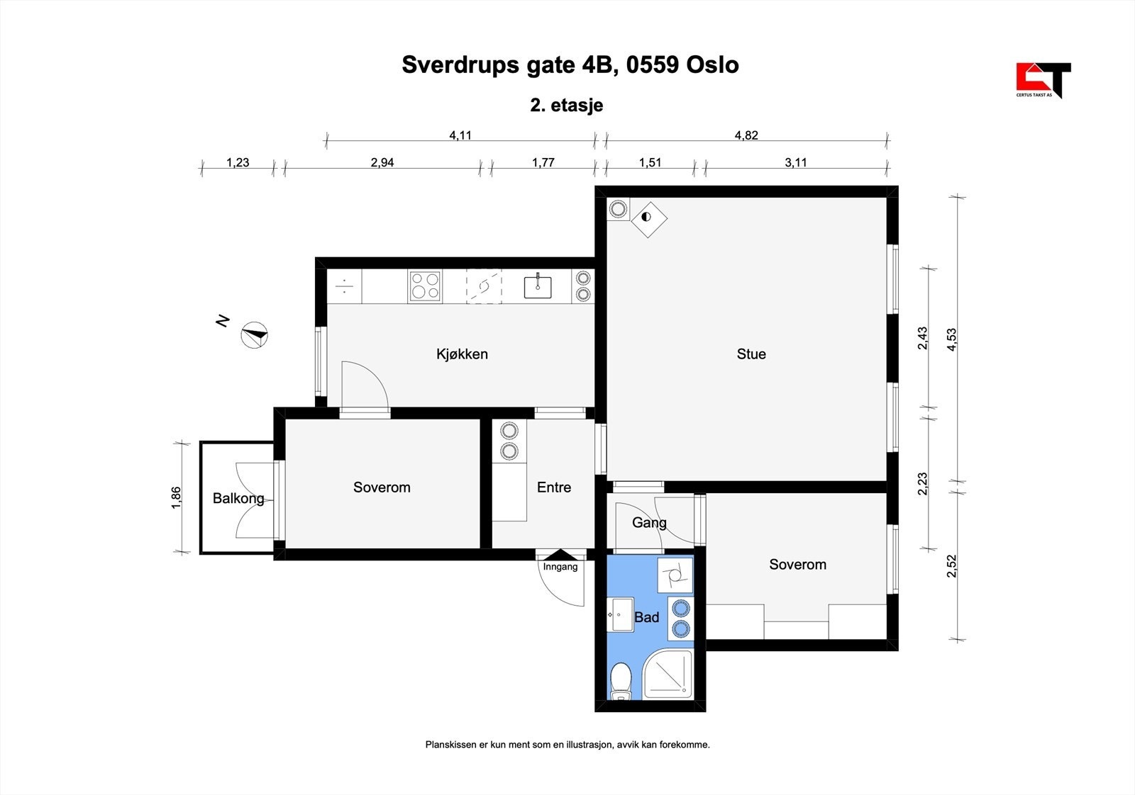 Leiligheten ligger i byggets 2. etasje og er på 62 m². Gjennomgående planløsning med godt lysinnslipp. Galleribilde