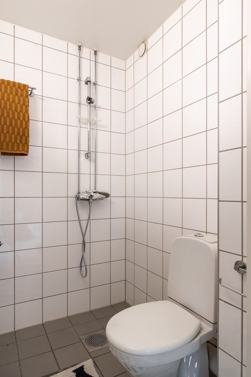 Baderomsinnredningen består av servantskap, dusjsone og toalett Galleribilde