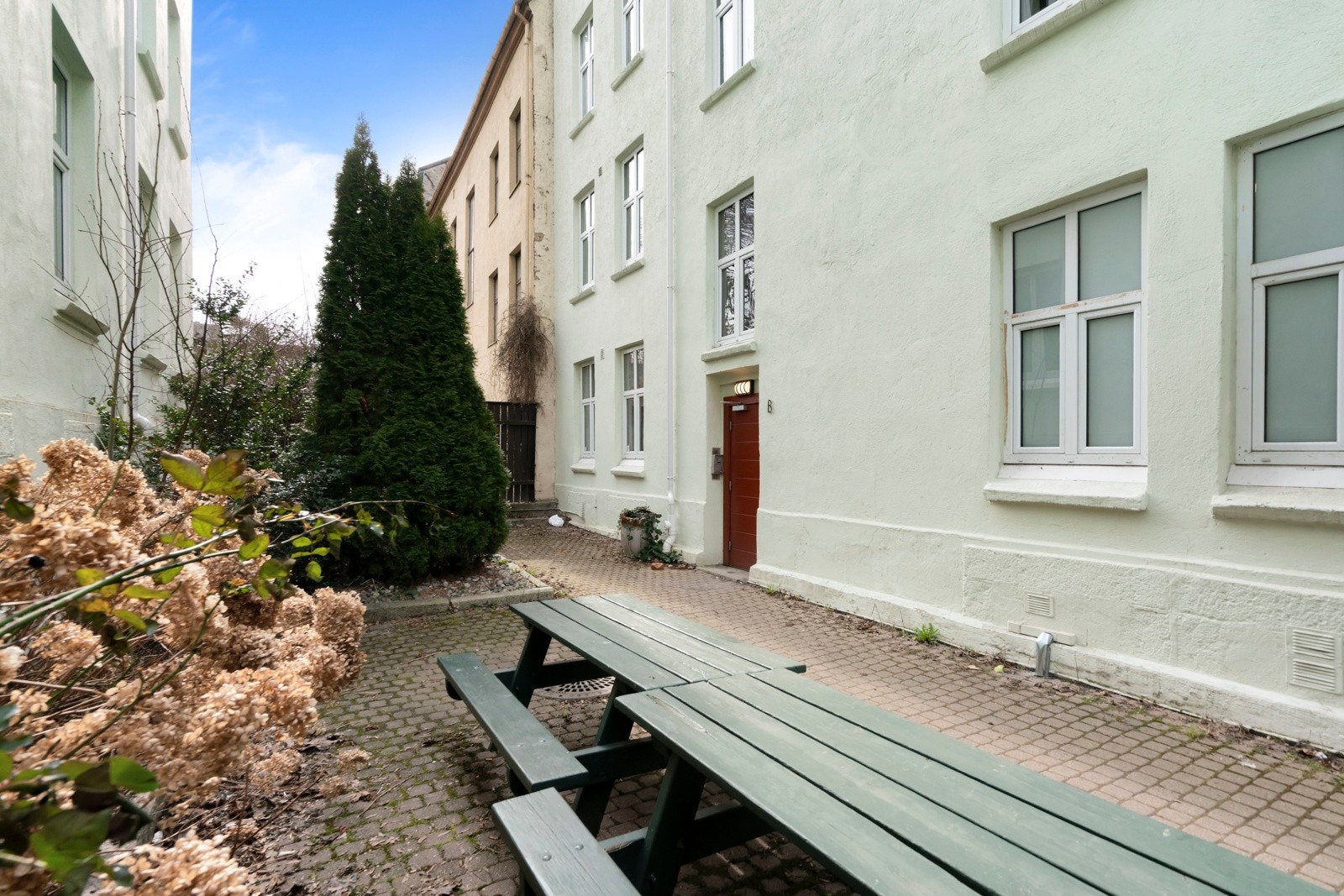 Pent opparbeidet fellestomt med planter, busker, trær, steinbelagt gangareal og sittegrupper. Galleribilde