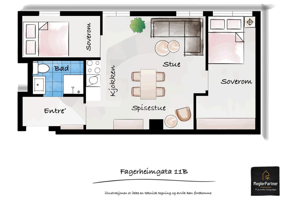 Alternativ planløsning med to soverom. Selger tar ikke ansvar for at tiltaket kan gjennomføres Galleribilde