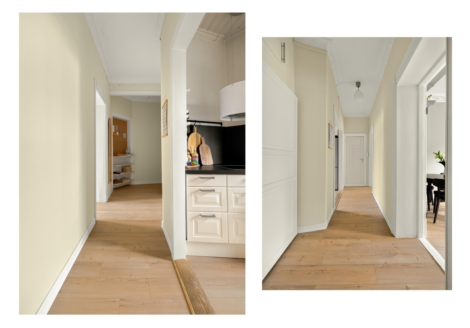 Velkommen inn! Det er praktisk oppbevaring til sko, yttertøy, støvsuger og annet i skyvedørsgarderobe når du kommer inn. Galleribilde