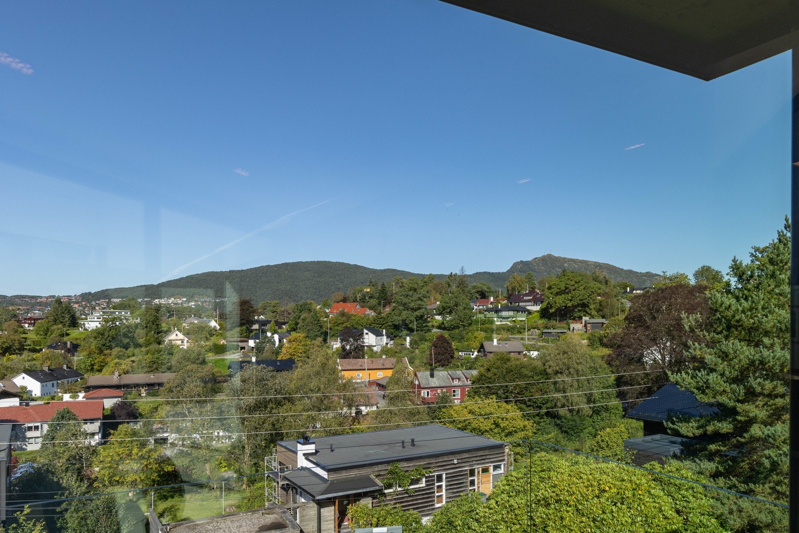 Utsikt fra stuen, ved sofagruppen mot nabolaget. Galleribilde